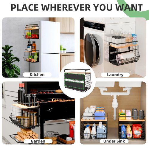 3-Tier Magnetic Shelf for Fridge with Divider & Bamboo Top, Fruit Basket Potato and Onion Storage Bins, Kitchen Large Container Magnetic Spice Rack for Refrigerator, Kitchen Counter, Fridge Organizer