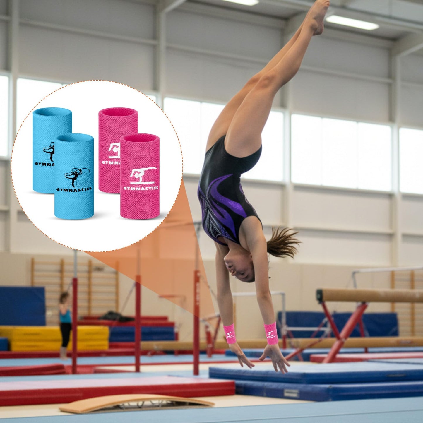 WinnerWhy 2 Pairs 5.25 Inch Gymnastics Wristbands for Grips Comfortable Cotton Wrist Bands Sweat Band Extra Lengthen Long Gymnastics Wrist Sweatbands for Female Gymnasts(Rose Pink and Lake Blue)