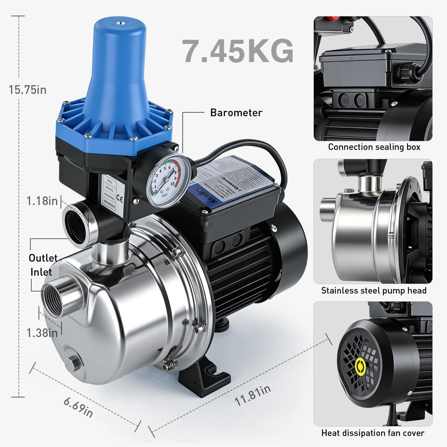 Weeflos 3/4 HP 1020 GPH Shallow Well Water Jet Pump Stainless Steel Automatic Water Booster Pump 118FT 115V for Home, Garden, Lawn Transfer Draining Irrigation