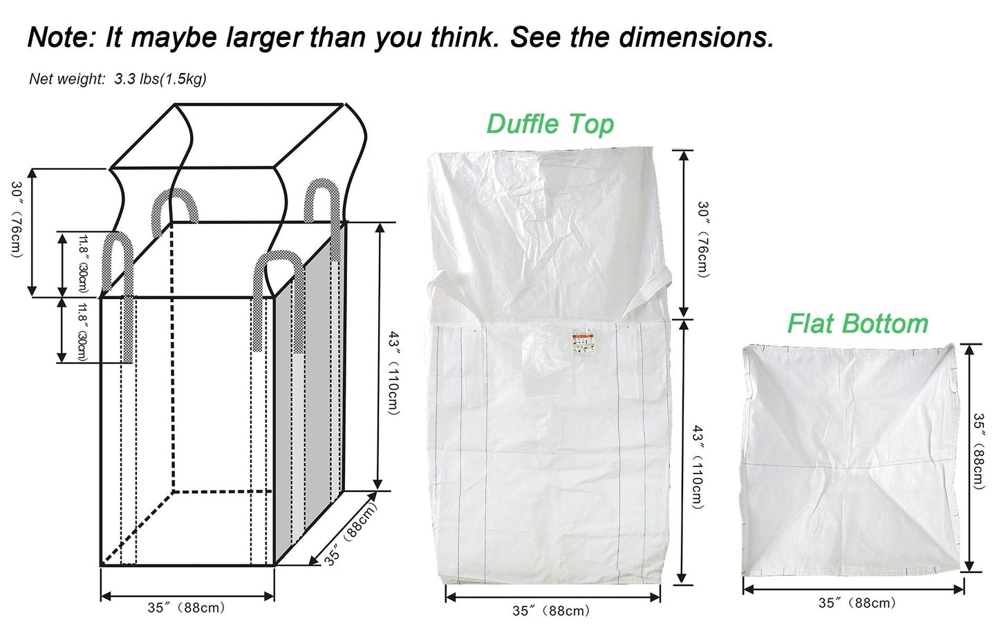 Secbolt FIBC Bulk One Ton Bag, 35" L x 35" W x 43" H, 2200lbs SWL, Duffle Top Flat Bottom, Woven Polypropylene Bags (1)