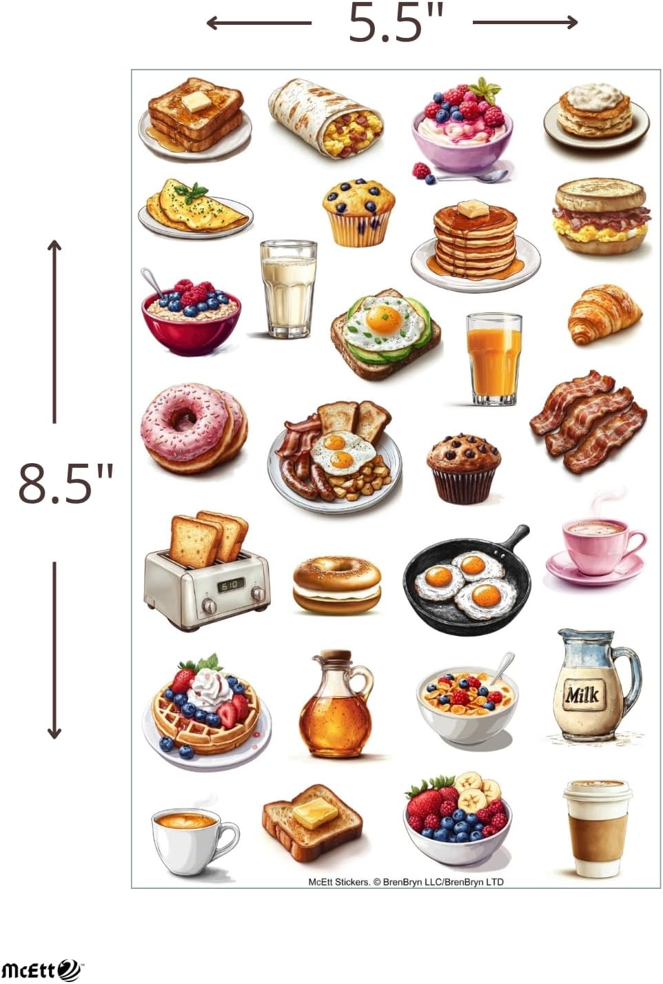 McEtt 5 Pack (145 Breakfast Food Sticker Sheets Aesthetic Illustrated Breakfast & Brunch Food Stickers Sheet Pieces)