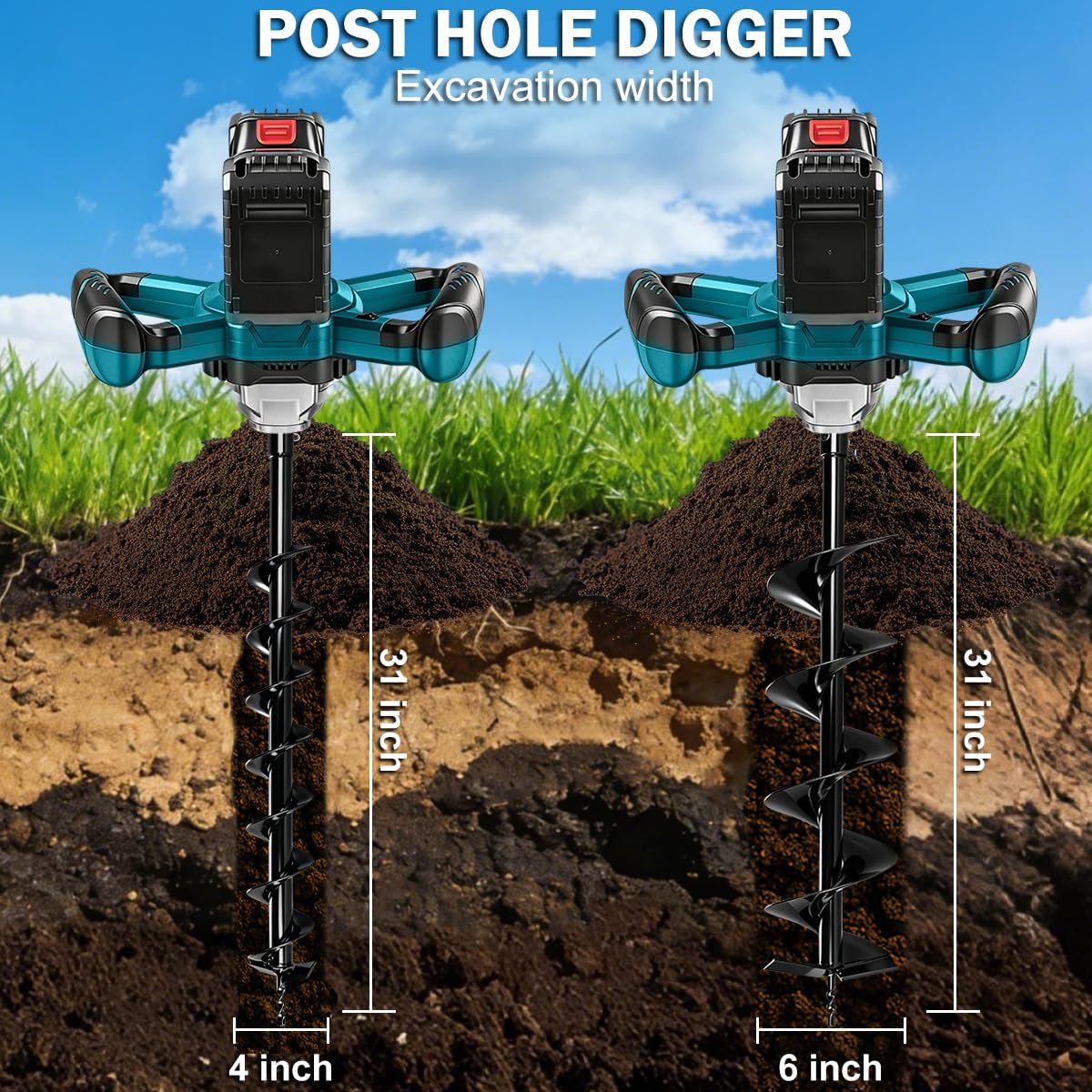 Auger Post Hole Digger,Post Hole Auger,Electric Earth Auger,Includes 2 Drill bit.Two Batteries and Dual-Port Fast Charger,Forward/Reverse Function,for Post Hole Digging,Drilling,Tree Planting