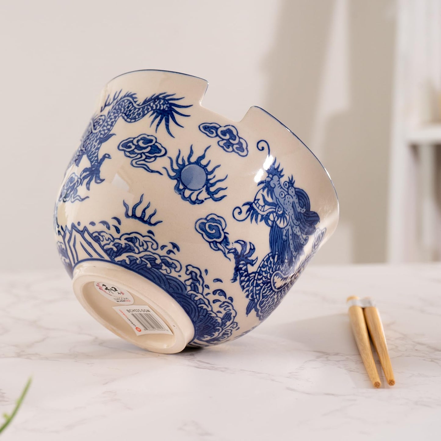 Urban Tokyo Handpainted Ceramic Glazed Japanese Ramen Udon Noodle Rice Bowl With Chopsticks 20 fl oz 5 inch Diameter Bowl Sets Color Box Packaging (Oriental Dragon Blue)