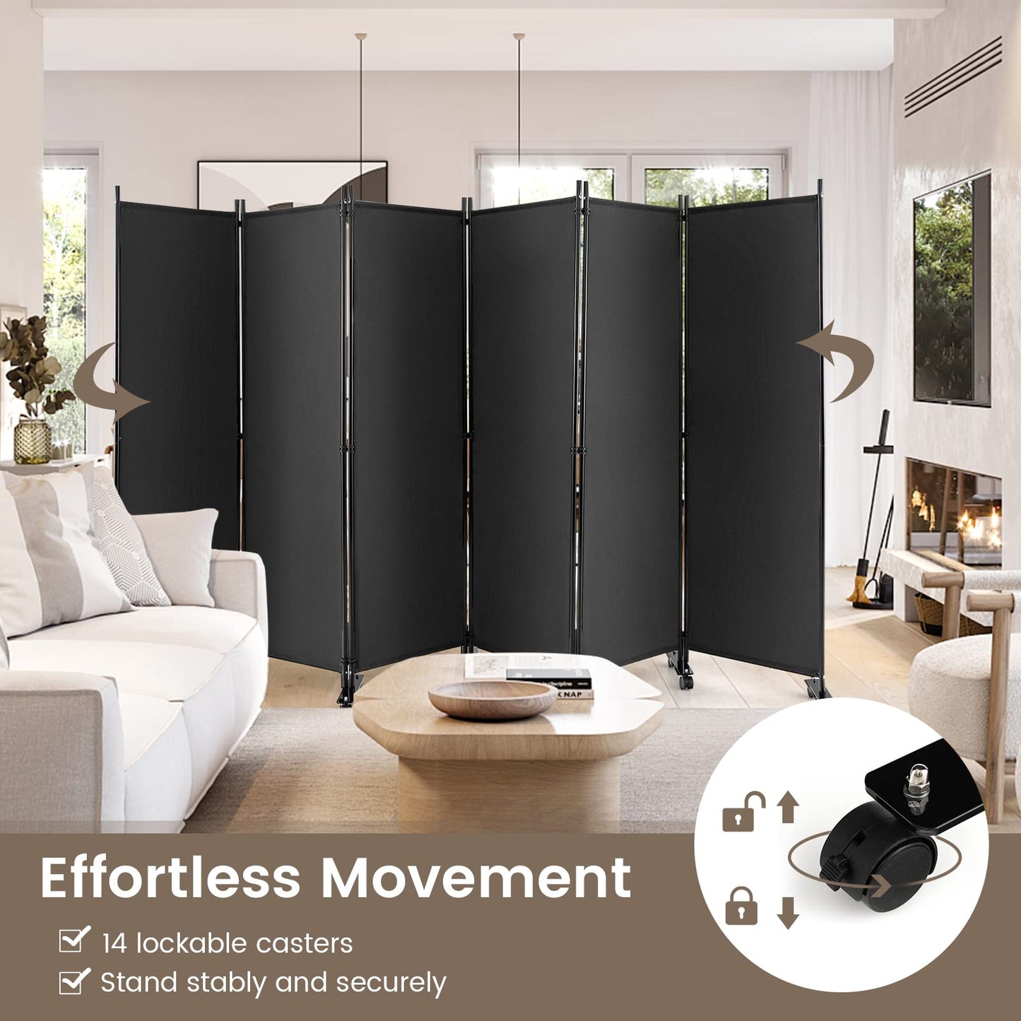 Giantex 5.7Ft 6-Panel Folding Room Divider with Rollers Grey- 132" Wide Large Rolling Foldable Privacy Screen, Lightweight Portable Wall Partition Separation Room Dividers with Wheels