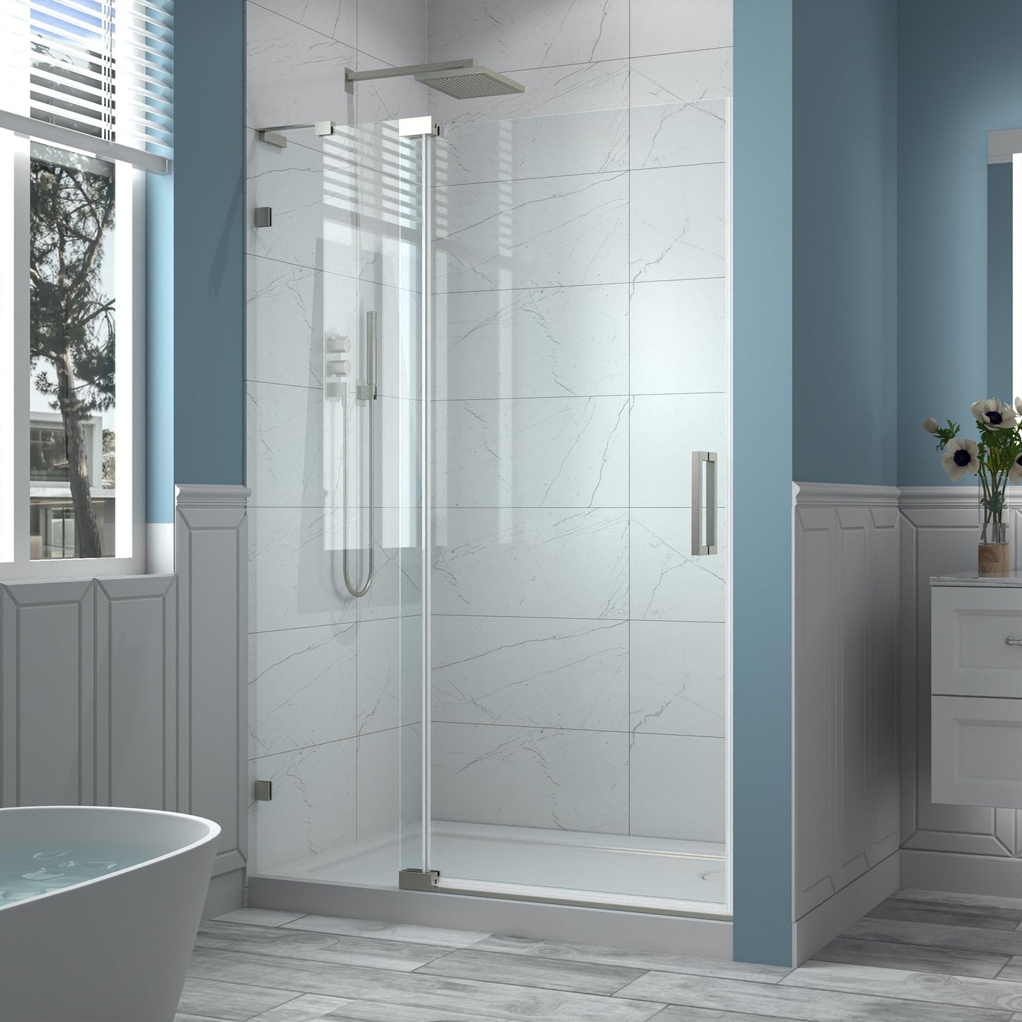 ComfyStyle 44-48" W x 70" H Frameless Pivot Shower Door, 5/16"(8mm) Clear SGCC Tempered Glass Shower Doors, Brushed Nickel Hinged Shower Glass Door, Reversible Installation