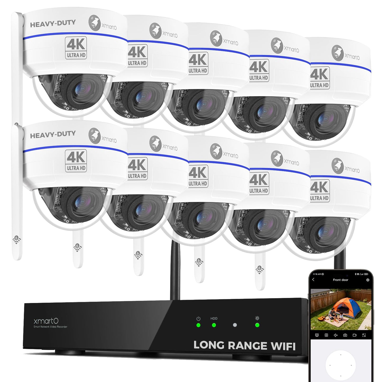 xmartO 4K 8MP Heavy-Duty WiFi 6 Security Camera System Bundle, 10-Channel NVR & 10 Heavy-Duty 8MP Plug-in AI PTZ Wireless Cameras, 2-Way Audio, IP66 Weatherproof, Long Range WiFi6, 0 Monthly Fee