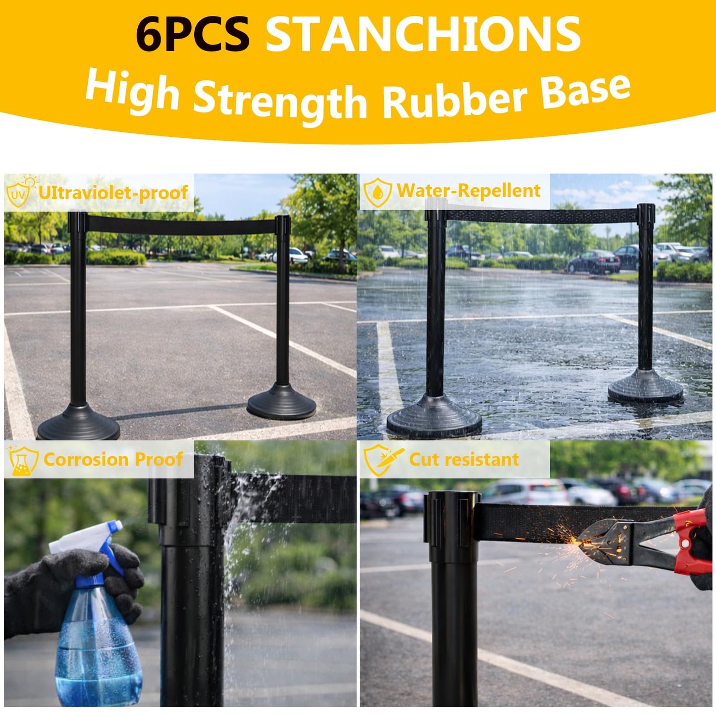 6PACK BESEA Crowd Control Stanchions Set Heavy Duty Crowd Control Barriers with 10' FEET Black Retractable Belt, Rubber Base(6PACK)