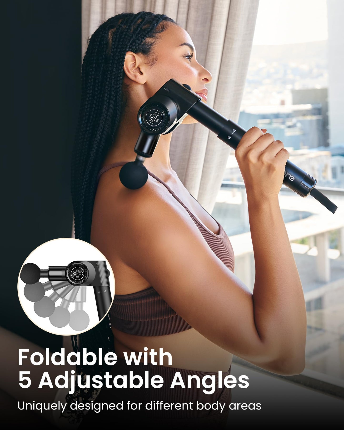 NAPRE Foldable Massage Gun with Extension Handle & 5 Adjustable Angles,Deep Tissue Back Massage for Neck/Body Pain Relief,Handheld Percussion Muscle Massager,32 Speeds,6 Heads & Silent,with Case