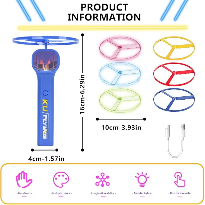 Yuzee Electric Flying Disc Launcher Toy - Outdoor Games Light Up Frisbee, with Light and 6 Flying Spinner, Rechargeable Transmitter Stick, Sports and Outdoor Summer Flying Toys for Kids and Adults (A)