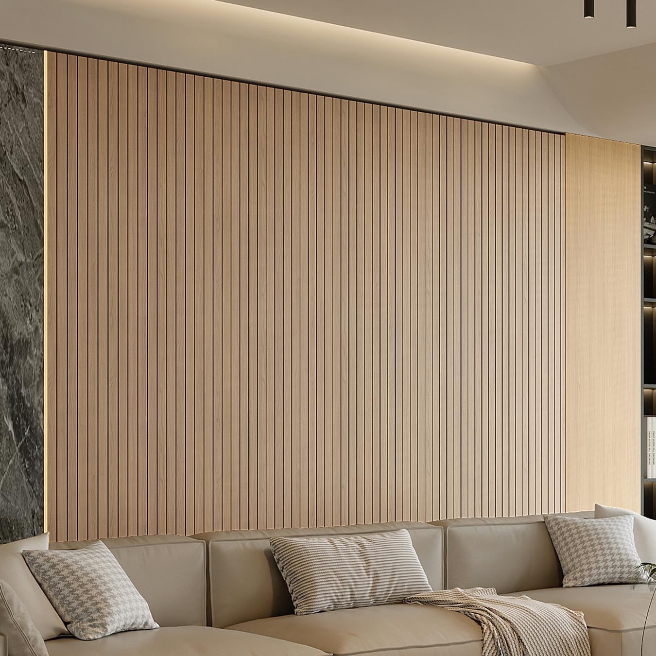 YU LI 3DH Peel and Stick PVC Slat Wall Panel 118"x15.75" Self-Adhesive Thick Faux Oak Wood Grain Wallpaper Panel 3D Soundproof Wall Panels for Walls & Ceilings