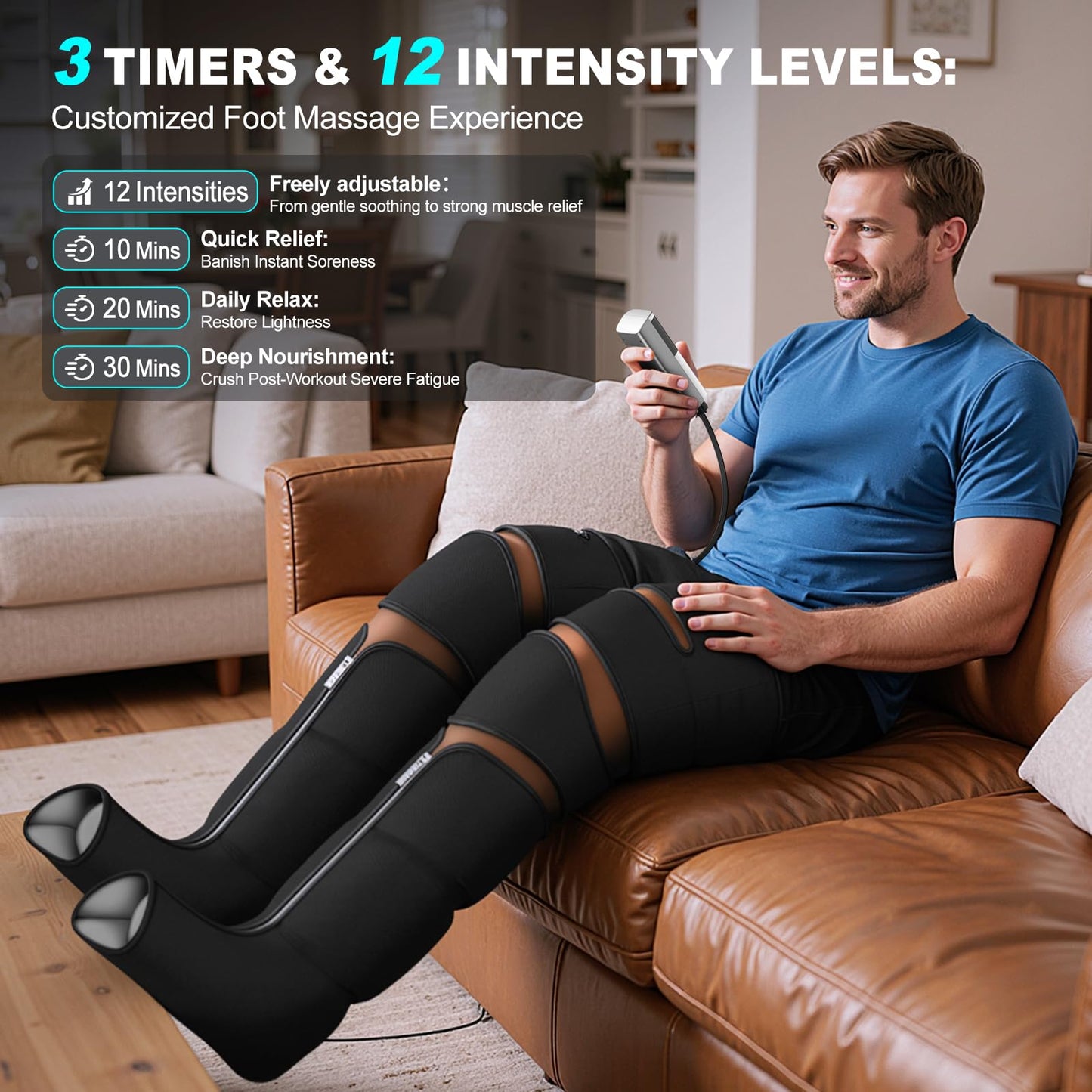 MZCNU Leg Compression Massager for Circulation and Pain Relief, Compression Boots with Heated Knee, 6 Modes 12 Intensities 3 Timers, Foot Calf Thigh Recovery Machine, Gifts for Man Woman, Black