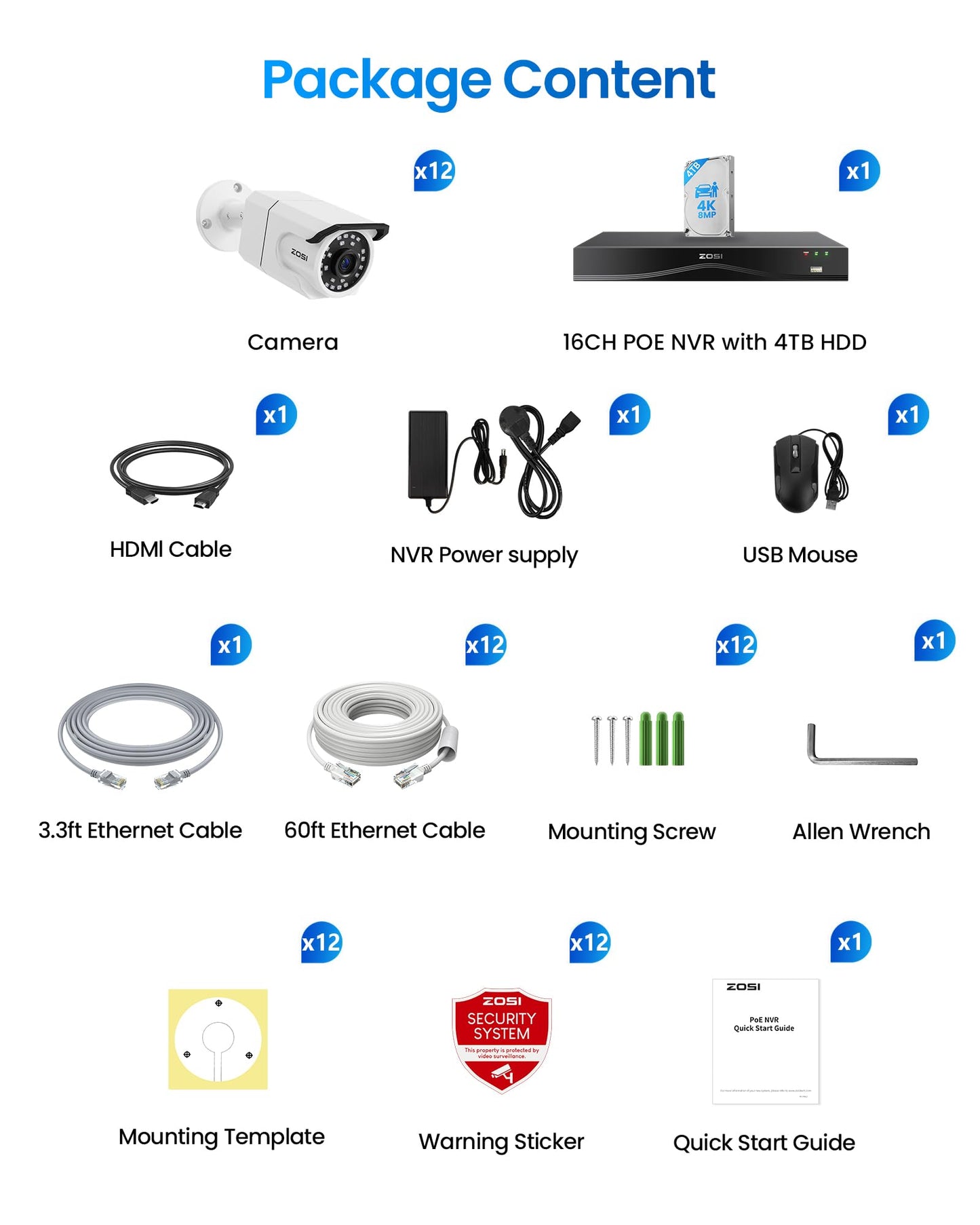 ZOSI 32CH 4K PoE Security Camera System, 12pcs 8MP Outdoor Indoor Cameras with Audio, Person/Vehicle Detection, Dual Disk Backup, H.265+ 16Port 32-Channel NVR with 4TB HDD for Business 24/7 Recording