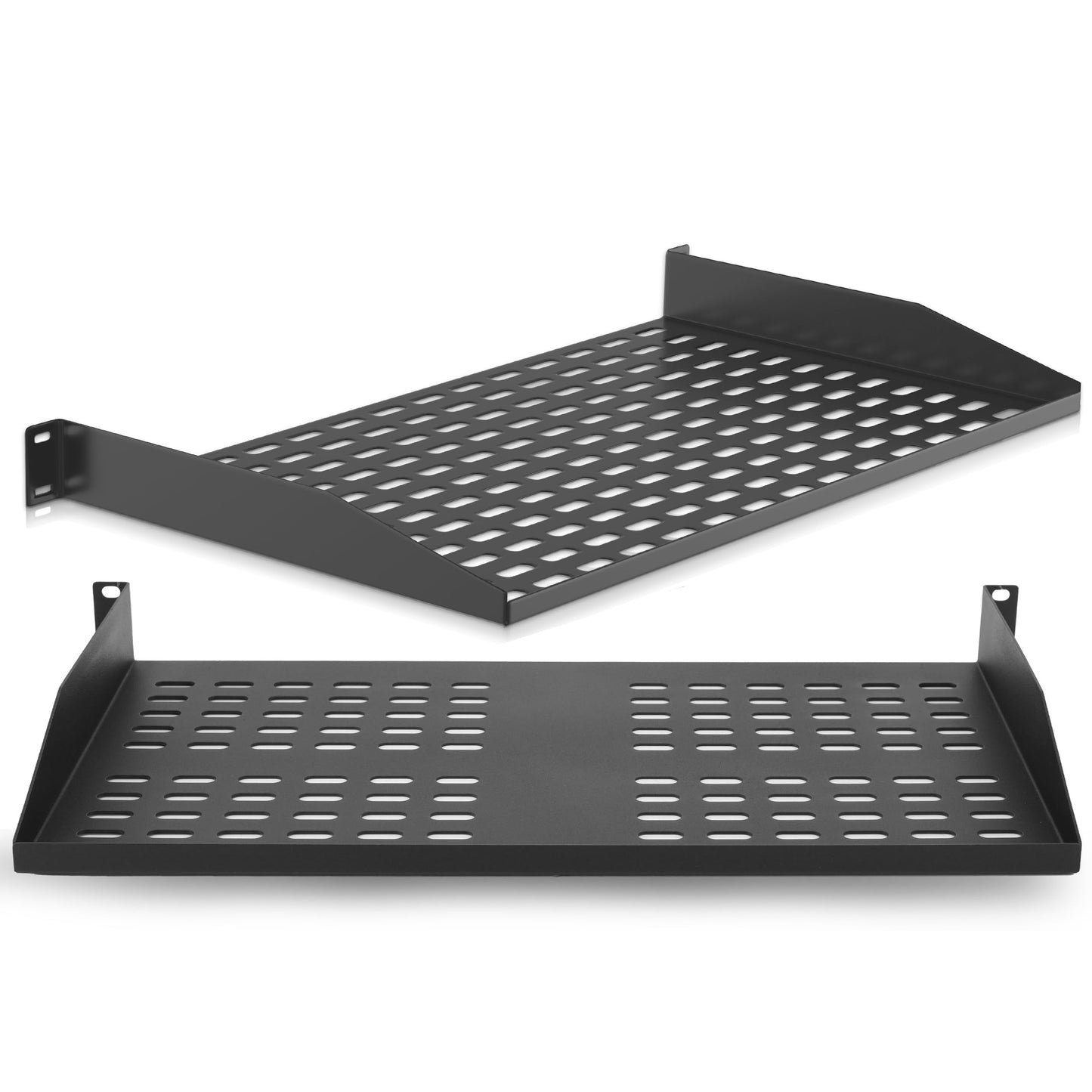 Pyle 2-Pc 1U Server Rack Shelf, Vented Shelves for Good Air Circulation, Cantilever Mount, Wall Mount Rack, Universal Device, Cabinet Shelf, Computer Case Mounting Tray, Black-Pyle PLRSTN14UX2