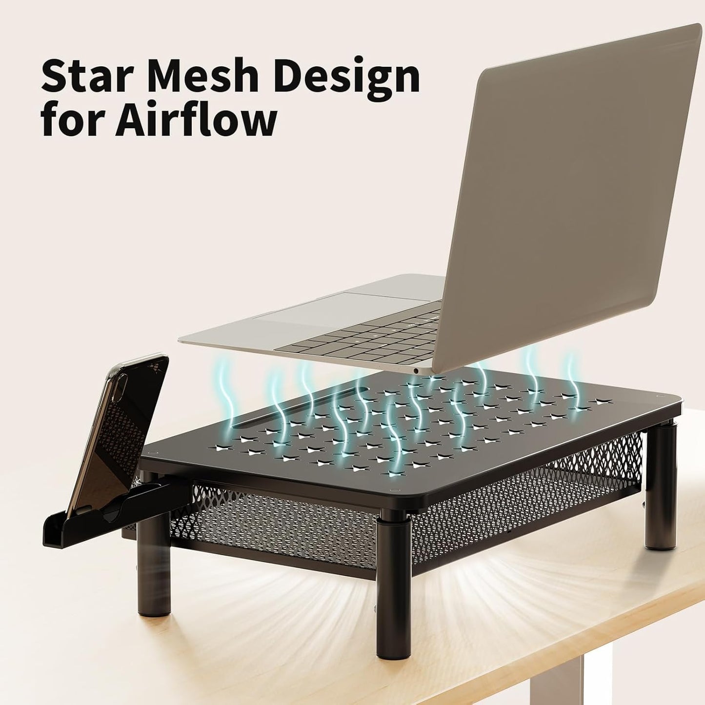 Zimilar Monitor Stand Riser with Metal Mesh Drawer, Height Adjustable with Phone Holder for Computer, Laptop, Printer