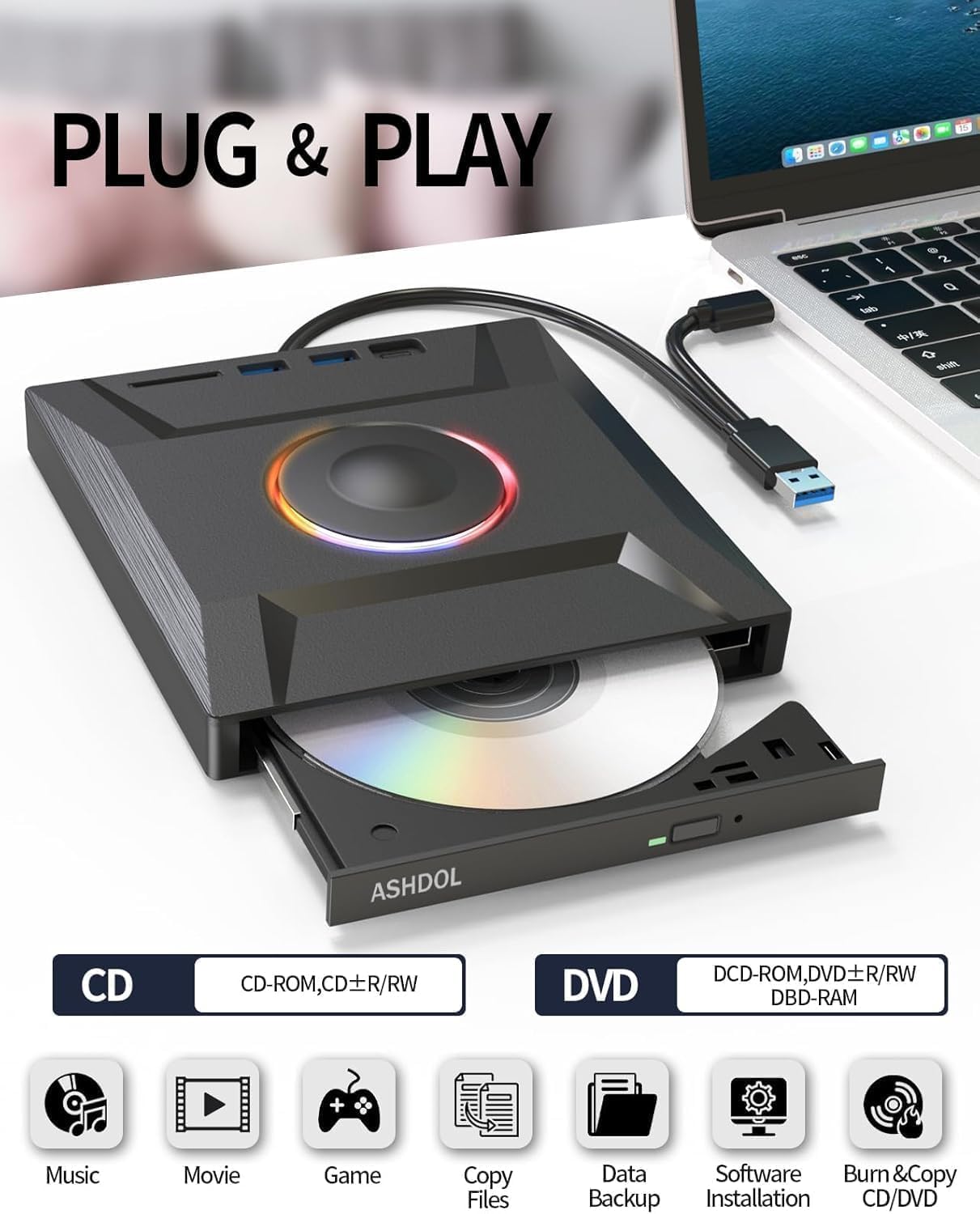 ASHDOL Drive,7 1 3.0 External CD DVD in USB and Type-C Disc Reader Writer Burner Player,Slim and Portable CD DVD +/-RW