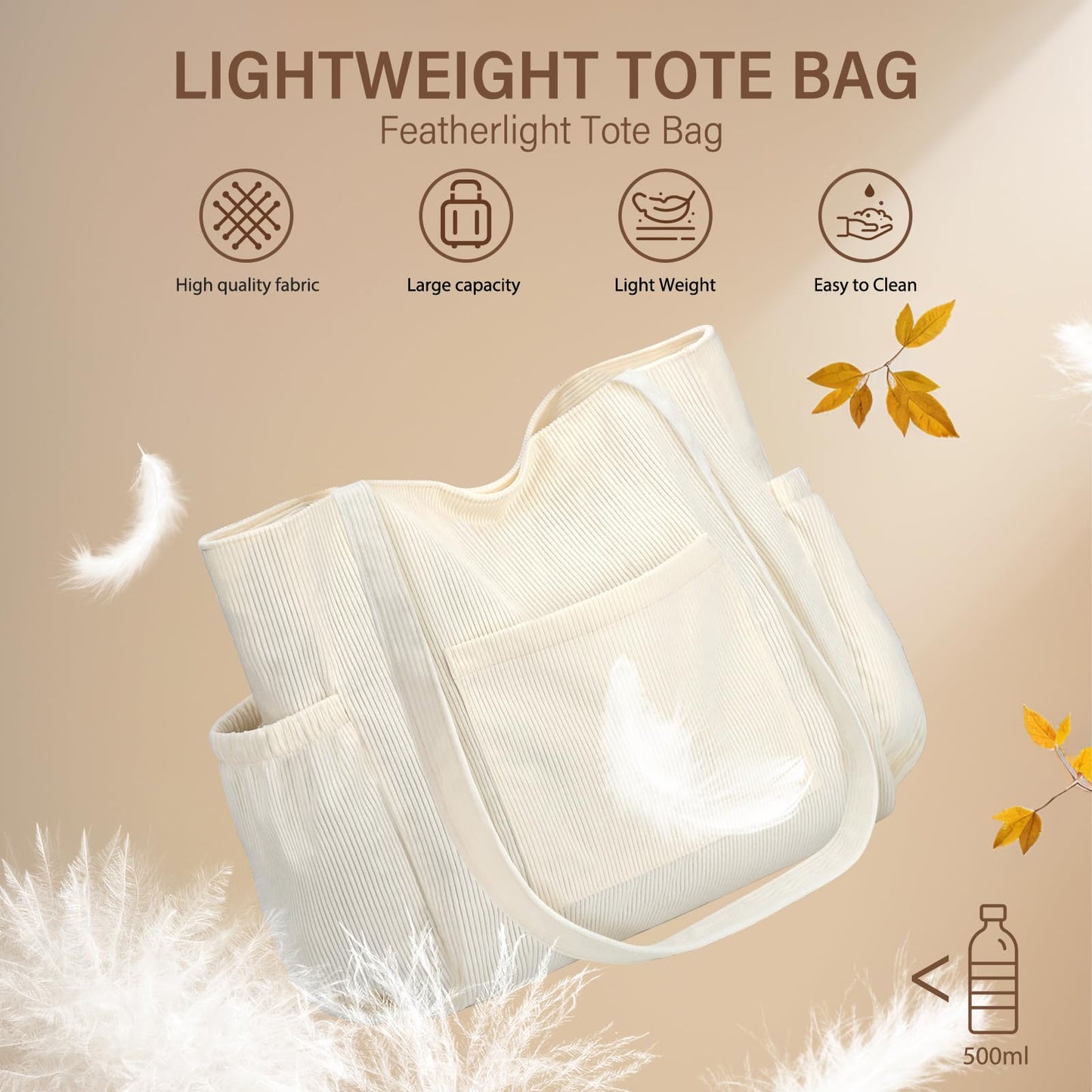 Corduroy Tote Bag for Women, Large Capacity Cute Tote Bags With 6 Pockets, Laptop Tote Bag Crossbody Shoulder Handbag Teacher Nurse Bags for Work Travel Gym(Beige)
