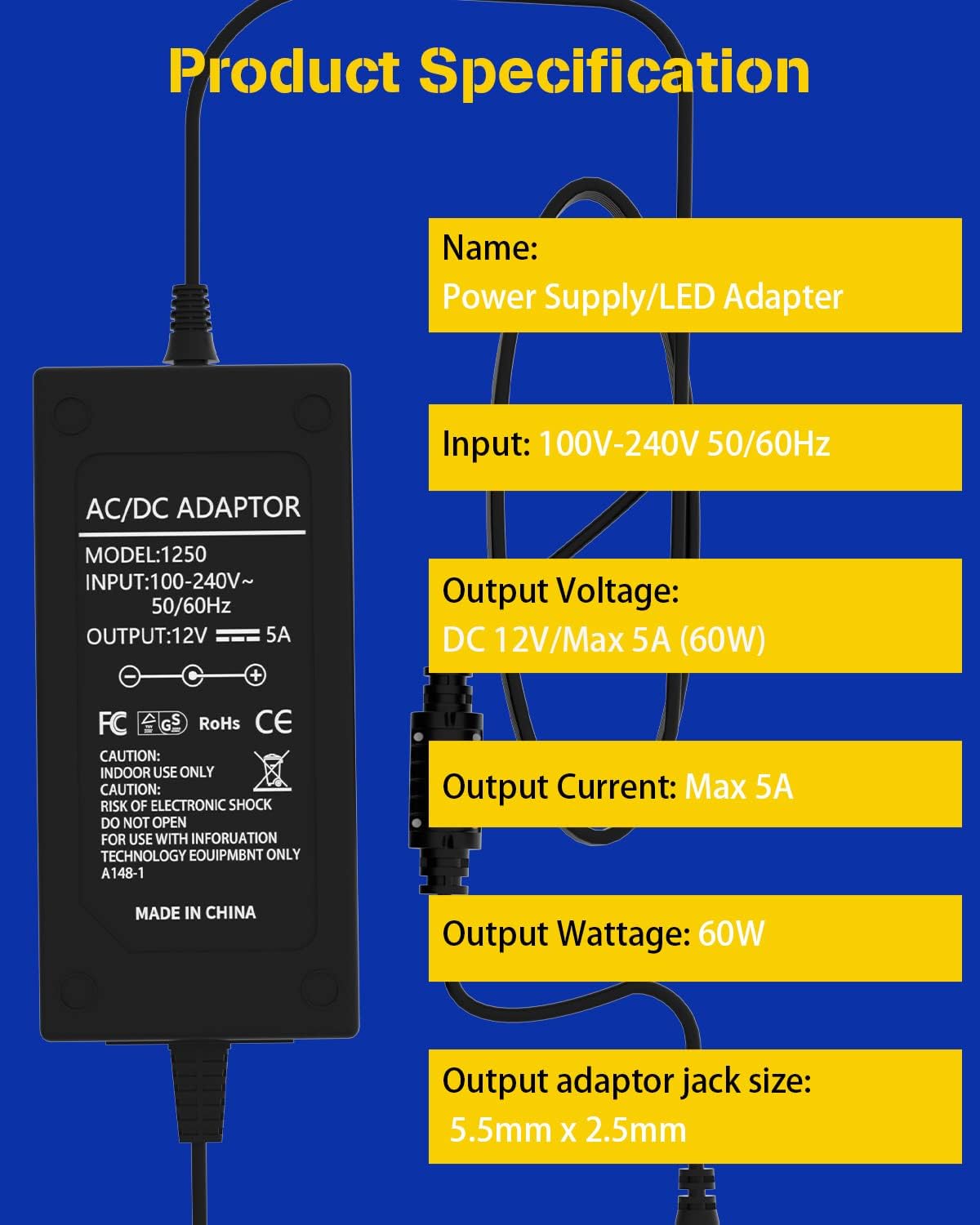 DUOFU365 12V 5A 5A 100V -240V 12V Power Supply Adapter Converter Transformer AC to DC for LED Strip Light LCD Monitor