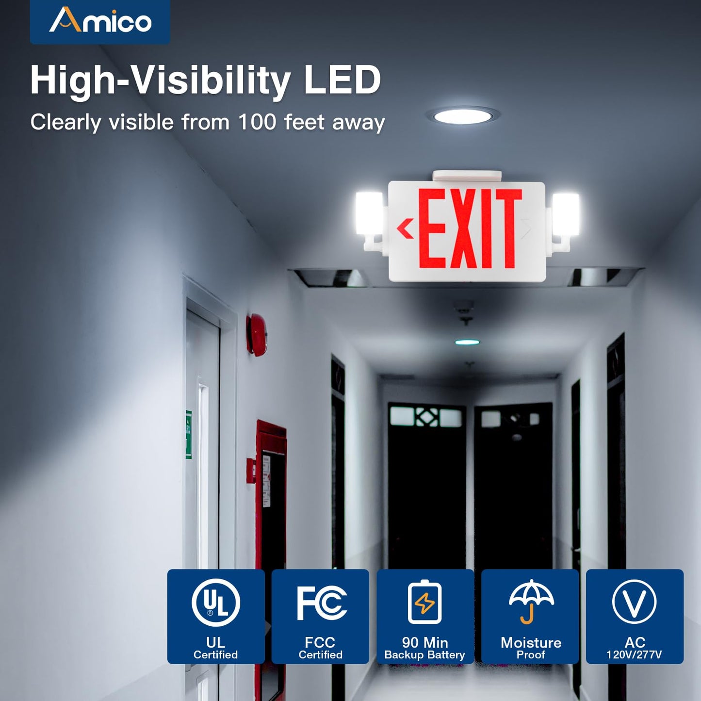 Amico 12 Pack Red Double-Sided Exit Sign with Emergency Lights, Adjustable LED Emergency Exit Lights with Battery Backup, Hard Wired,UL Certified, AC 120/277V