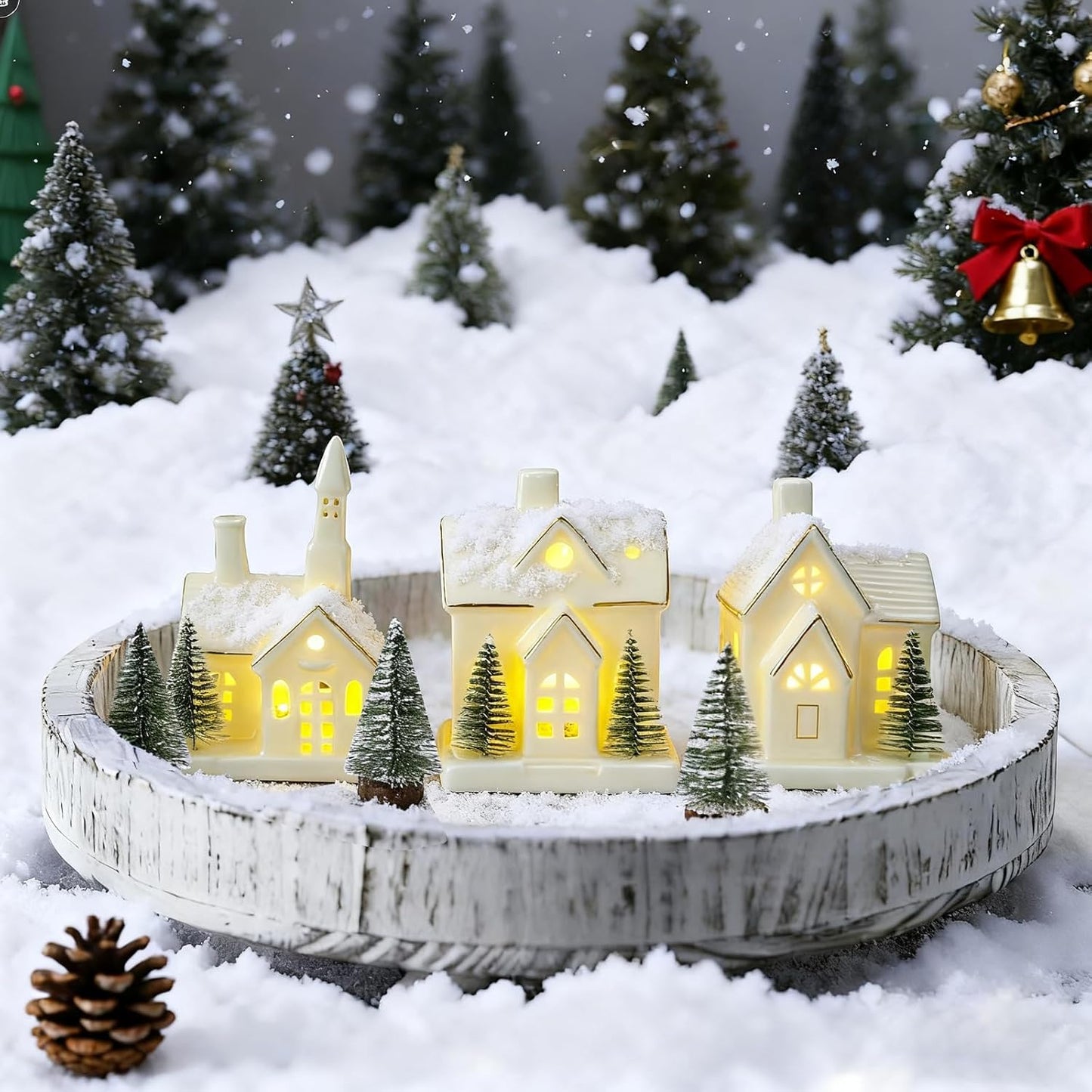 Skiennix White Ceramic Christmas Village Houses Set - 3 Light-Up Figurines with 4 Trees for Holiday Decor