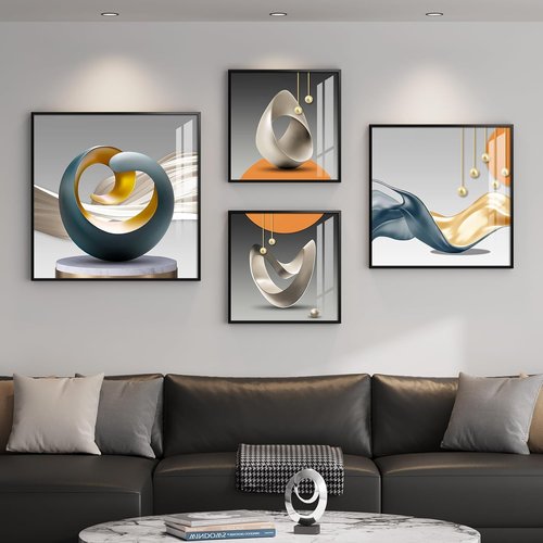 Framed Modern Wall Art Set by [Brand Name] - Abstract Geometric Prints in Orange, Gray & Gold | 4 Piece Collection for Living Room, Bedroom & Office