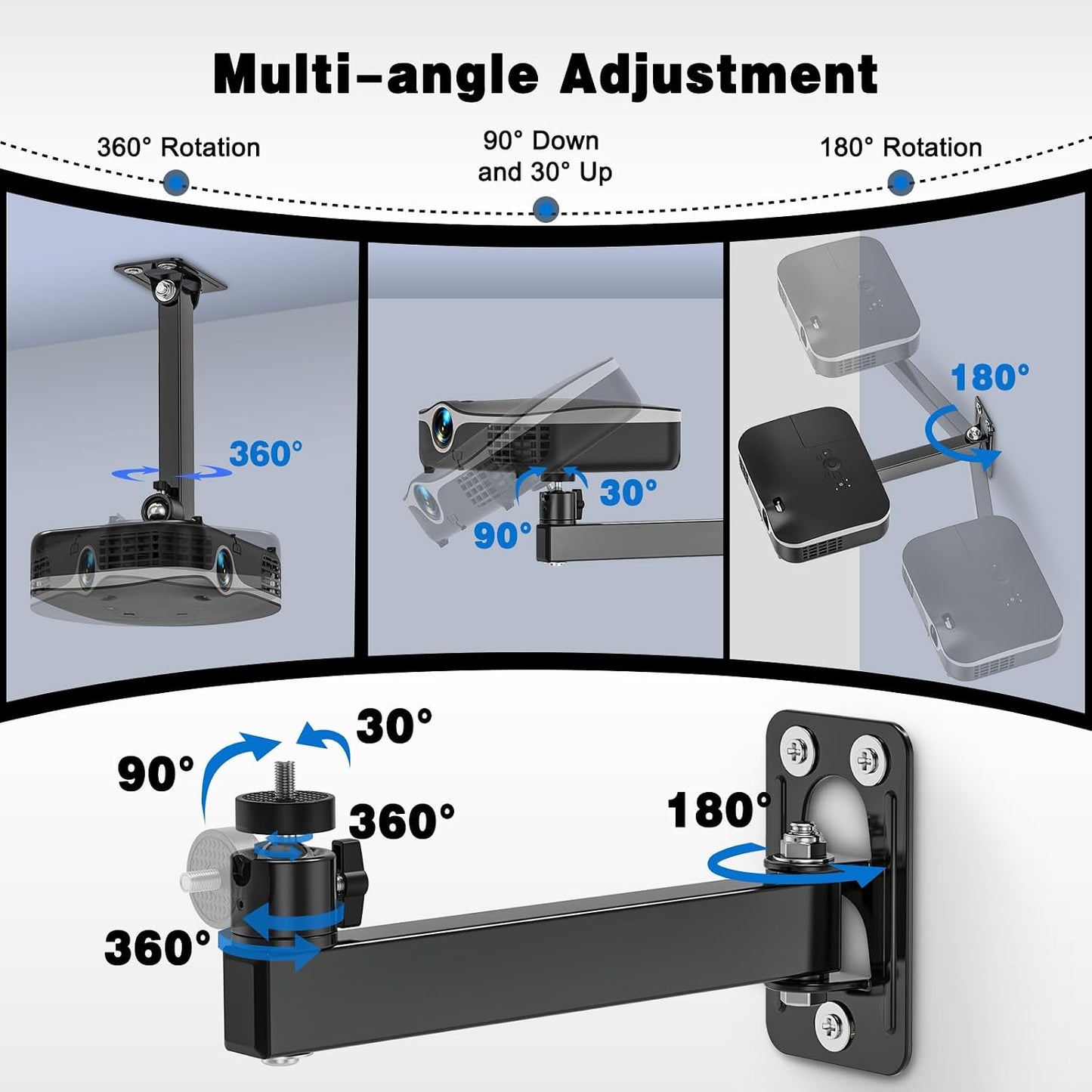 BAISHUN 1/4-Inch 360-degree Setup Projector Stand, Wall and Mini Ceiling Mount with Thread, Rotation, Adjustable Tilt