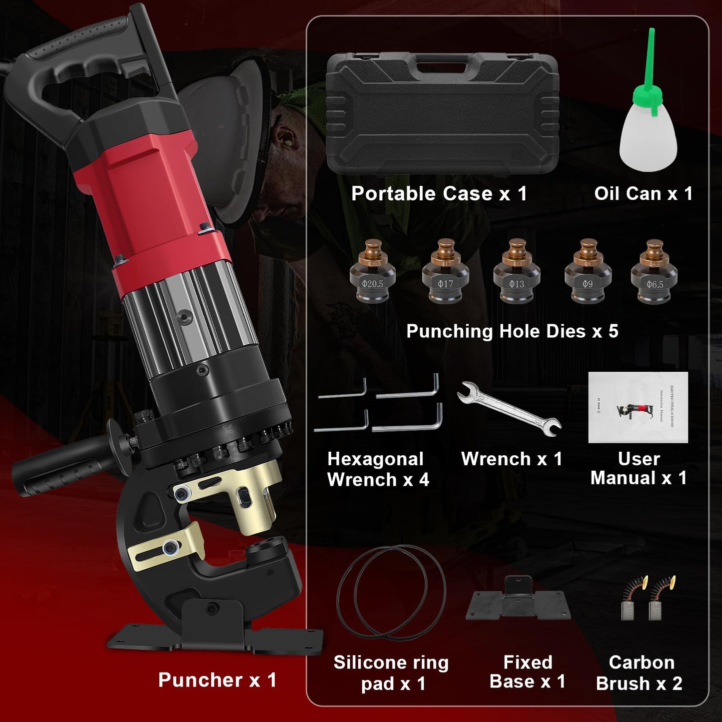 1400W Electric Hydraulic Hole Puncher, 22T Heavy Duty Hydraulic Hole Punch for Metal, Portable Punching Machine with 5 Dies - Precise Drilling for Aluminum Copper Plate Angle Iron Steel, MHP-20