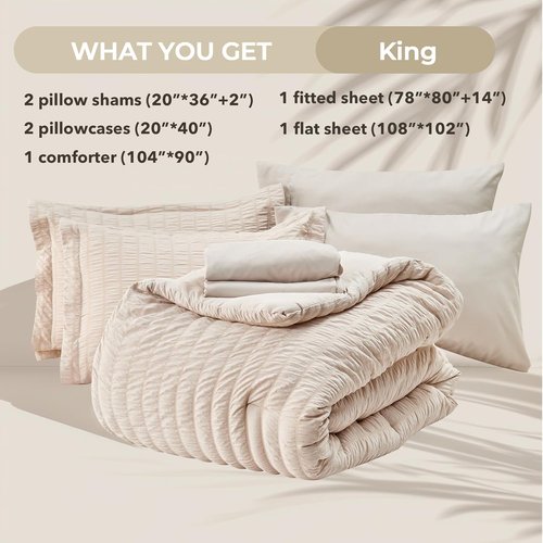 HYMOKEGE King Size Comforter Set - 7-Piece All-Season Luxury Bedding in Beige with Sheets & Pillowcases