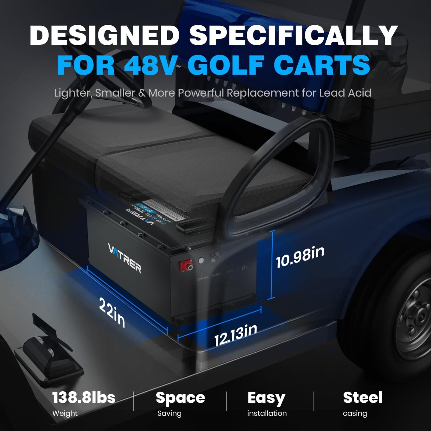 VATRER POWER 48V 150Ah Lithium Golf Cart Battery, Built-in Smart 200A BMS, with Touch Monitor & Mobile APP, 4000+ Cycles Rechargeable LiFePO4 Battery, Max 10.24kW Power Output, Perfect for Golf Carts