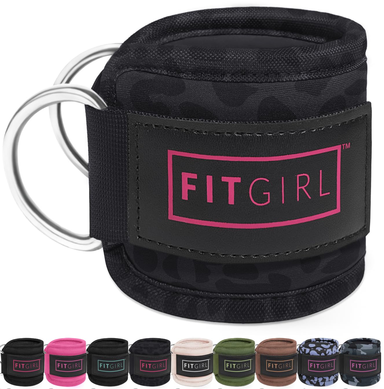 FITGIRL - Ankle Strap (Single) for Cable Machines and Resistance Bands, Work Out Cuff Attachment for Home & Gym, Glute Workouts - Kickbacks, Leg Extensions, Hip Abductors, Women Only (Black Leopard)