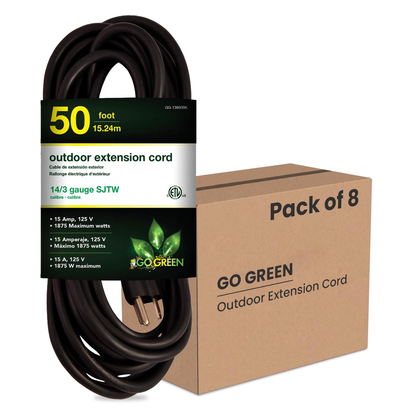 Go Green Power Inc. 50ft Outdoor Extension Cord, Black, Pack of 8-14/3 SJTW, Contractor Grade, Durable, and Moisture Resistant