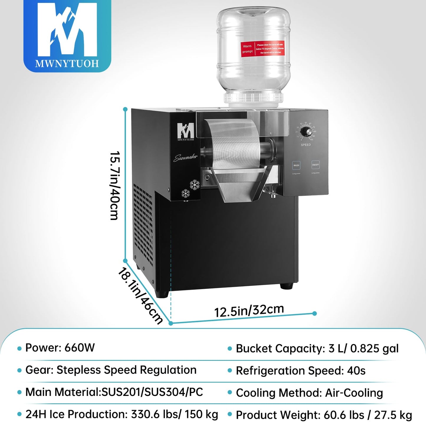 MWNYTUOH Snowflake Ice Machine, 330.6LBS/24H 660W Shaved Ice Machine, Rapid Cooling, Food-Grade Stainless Steel Material, Snowflake Ice Maker for Dessert, Ice Cream,Suitable for Party＆Commercial Use