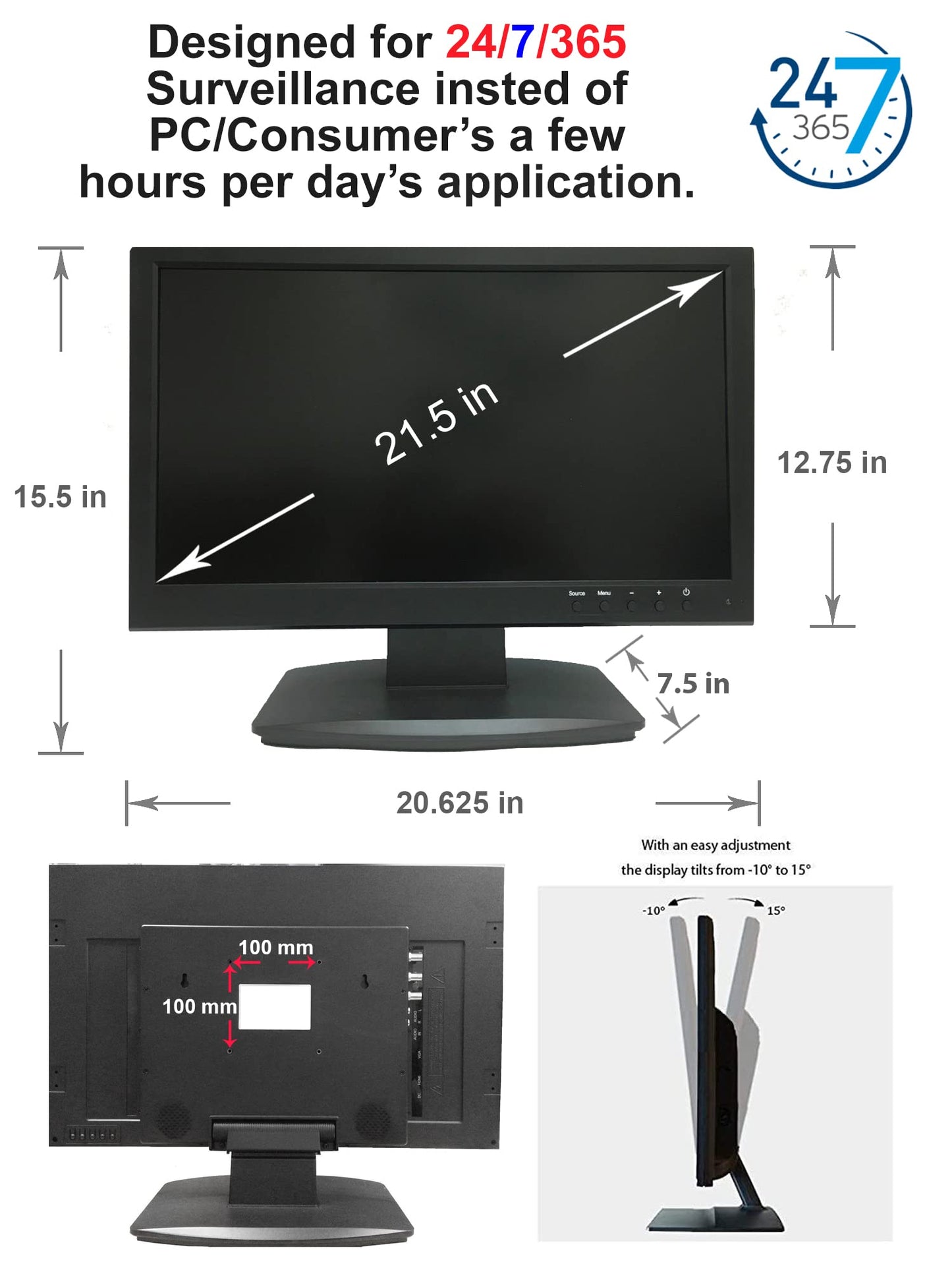 101AV Professional Security Monitor 21.5" 5MP Super HD-TVI, AHD, CVI & CVBS 16:9, 1 HDMI & 2 BNC Inputs and Outputs, Working with Super HD 5MP Security Cameras Directly in Addition to DVR/NVR & PC