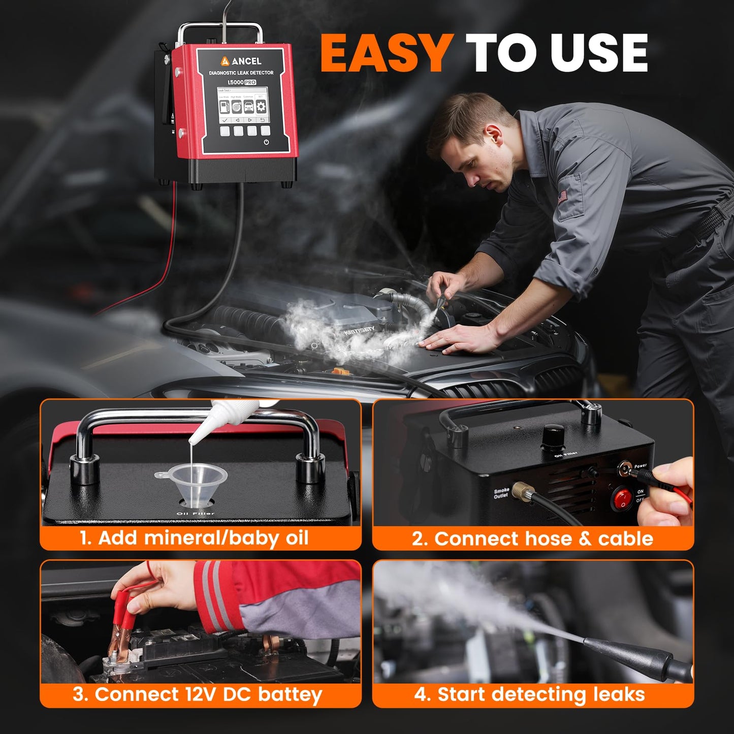 ANCEL L5000 PRO EVAP Turbo Smoke Machine Automotive Leak Detector – Smoke Tester Adds Pressure Decay & Vacuum Test for All Systems, Built-in Pump, 0.4-20 PSI, LCD Screen, Detects Micro to Major Leaks