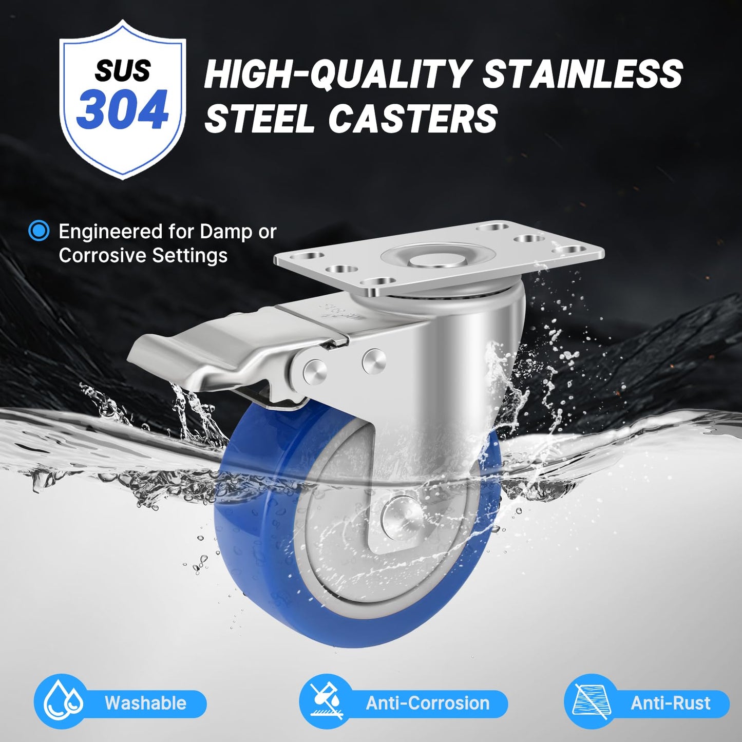 Nefish Stainless Steel 4 Inch Caster Wheels with Brake,304 Heavy Duty Stainless Casters Set of 4,Rust-Proof Industrial Castor for Furniture,Labs,Hospitals,Restaurants,Industrial Manufacturing