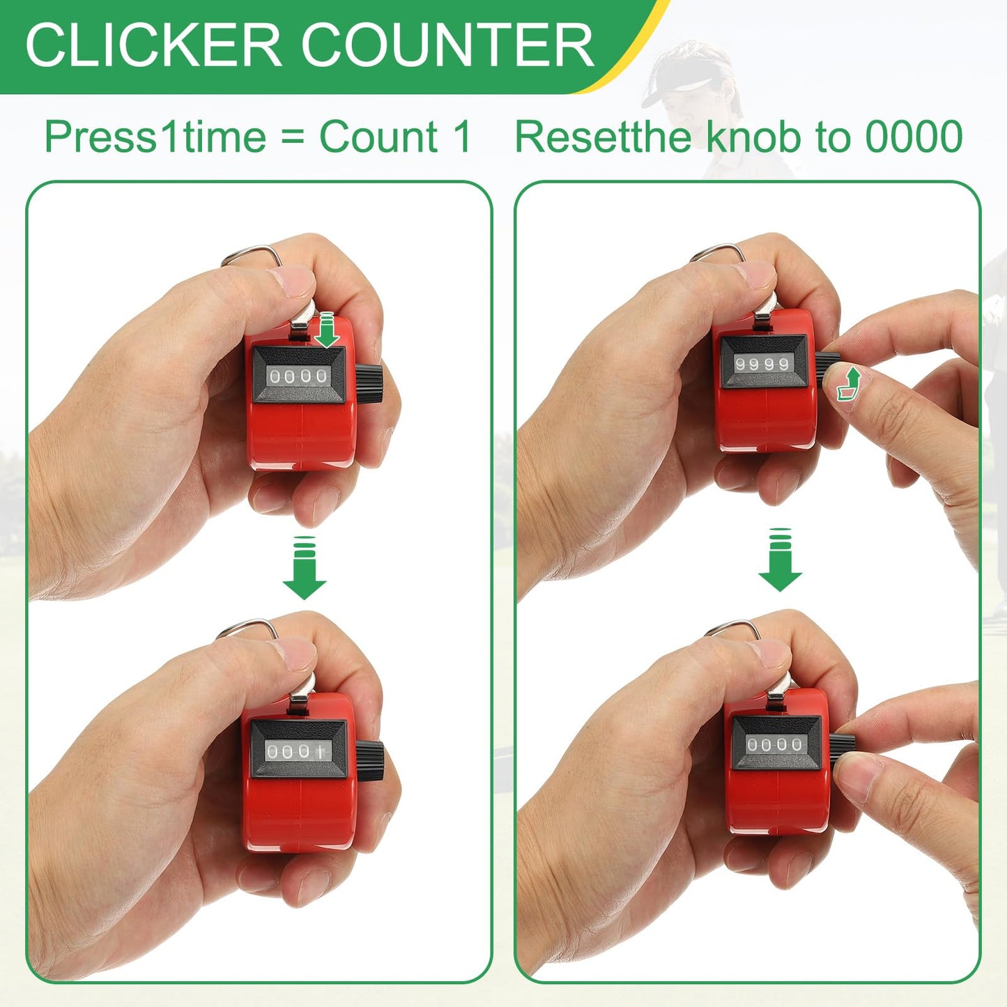 YELARXI Pitch Counter Clicker, 4-Digit Number Clicker for Counting Mechanical Hand Tally Counter - Fitting for (Golf - Fishing - Coaching - Knitting - Sports Events) 2 Pcs & Green