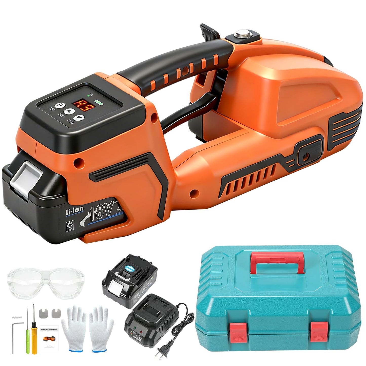 GEARCESS Electric Strapping Machine with LCD Screen, Tool Portable Baler for 1/2-5/8 in PP PET Straps 2 x 4000mah Battery Powered Automatic Banding Box Pallet (with Gloves and Goggles)