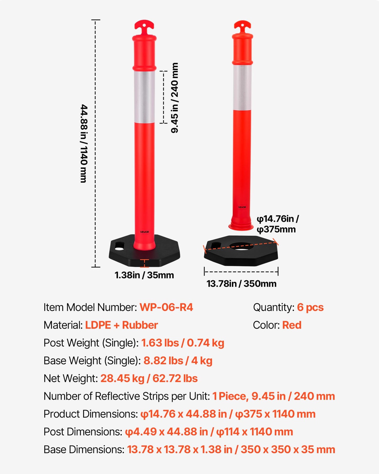VEVOR 6 Pack Traffic Delineator Posts, 45 inches Traffic Safety Cones with Weighted Base and Reflective Strips, Heavy Duty Delineator Posts for Construction Site, Parking Lot, Crowd Control, Red