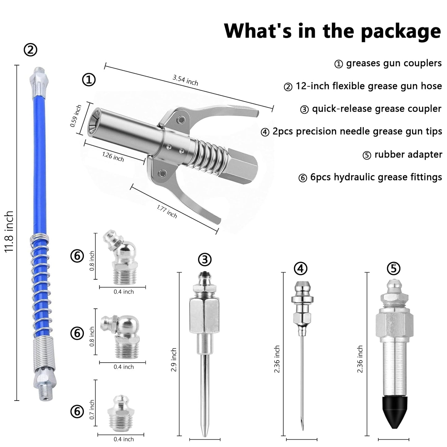 Grease Gun Tips Kit – Grease Gun Needle Nozzles, 12" Flex Hose, Grease Dispenser, Hydraulic Couplers, Rubber Adapter – 12PCS Lubrication Accessories for Automotive, Tractor, Machine Lubrication