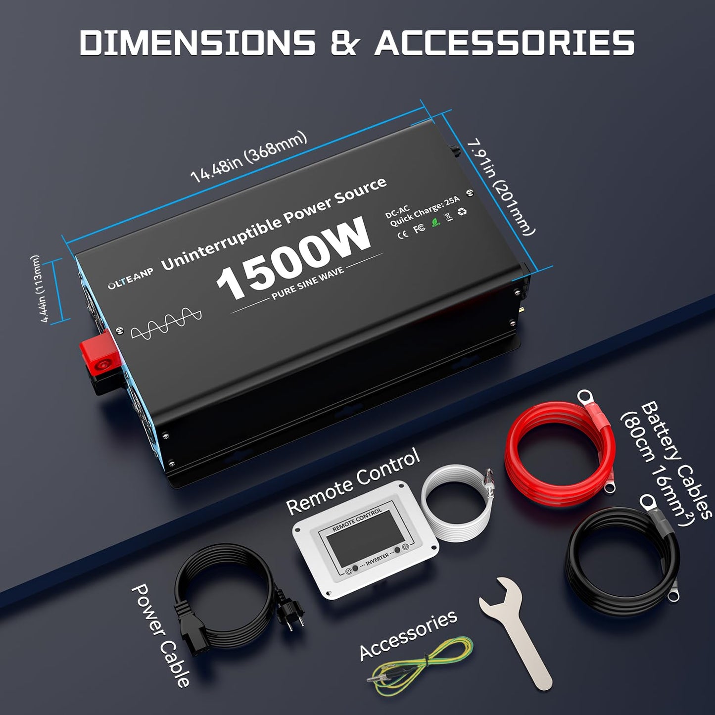 1500W Sump Pump Battery Backup System, Pure Sine Wave Inverter Charger with 25A Fast Charging, Auto Transfer Switch for Basement Flood Protection During Outages, LCD Remote, 12V Deep Cycle Compatible