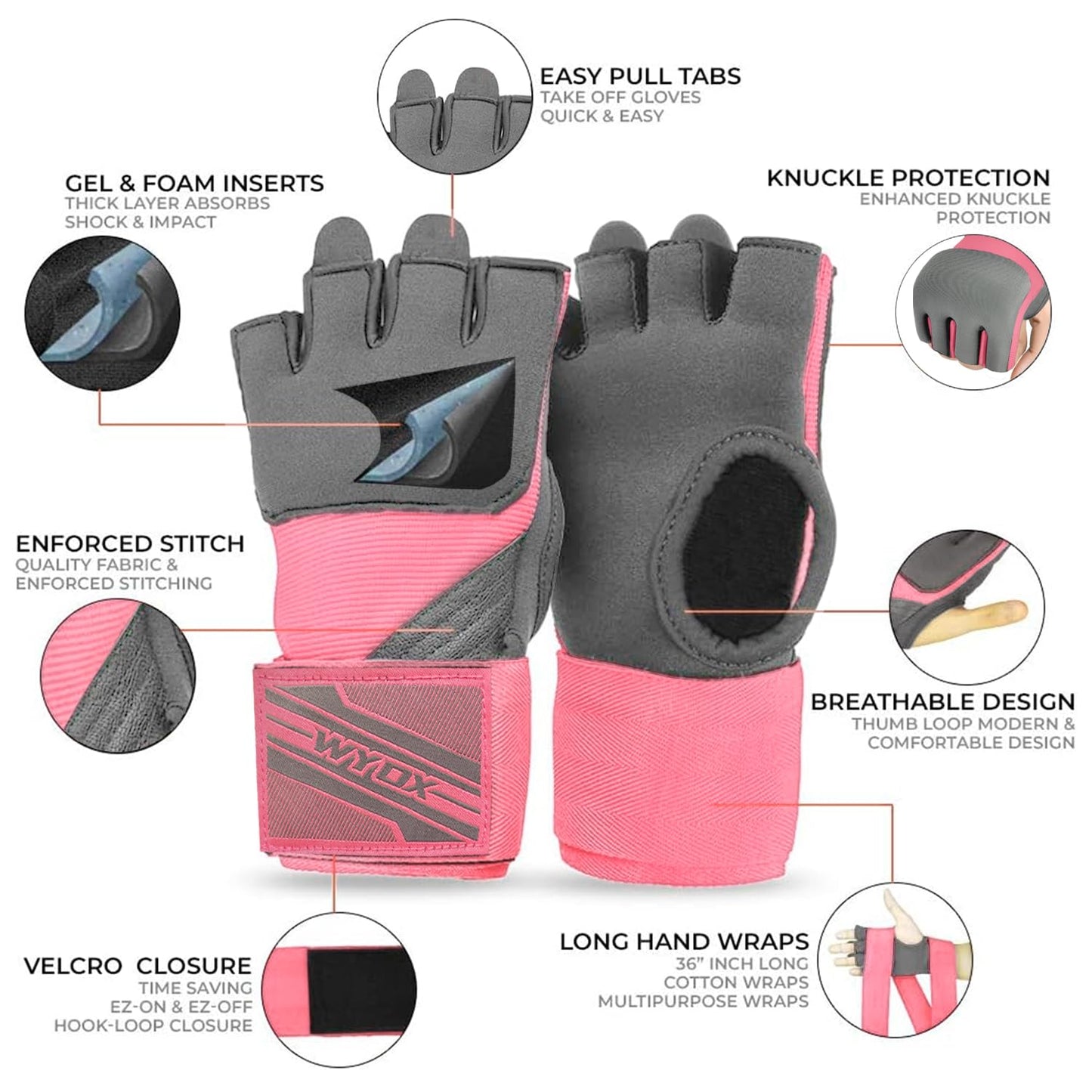 WYOX Gel Boxing Hand Wraps Inner Gloves for Men & Women, 80cm Quick Wrist Straps, Padded Knuckle Protection for Muay Thai Kickboxing, Hand Wraps for Boxing & Martial Arts (Pink & Grey, L/XL)