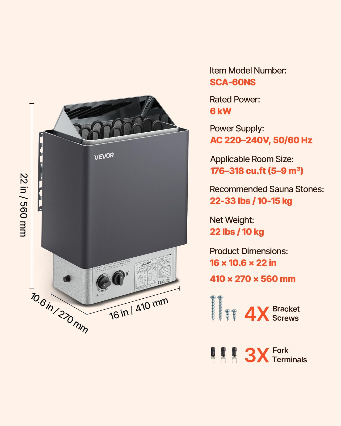 VEVOR Sauna Heater,220V Electric Sauna Stove, Steam Bath Sauna Heate 3h Timer and Adjustable Temp for Max. 176-318 Cubic Feet, Home Hotel Spa Shower Use (6KW) FCC Certification