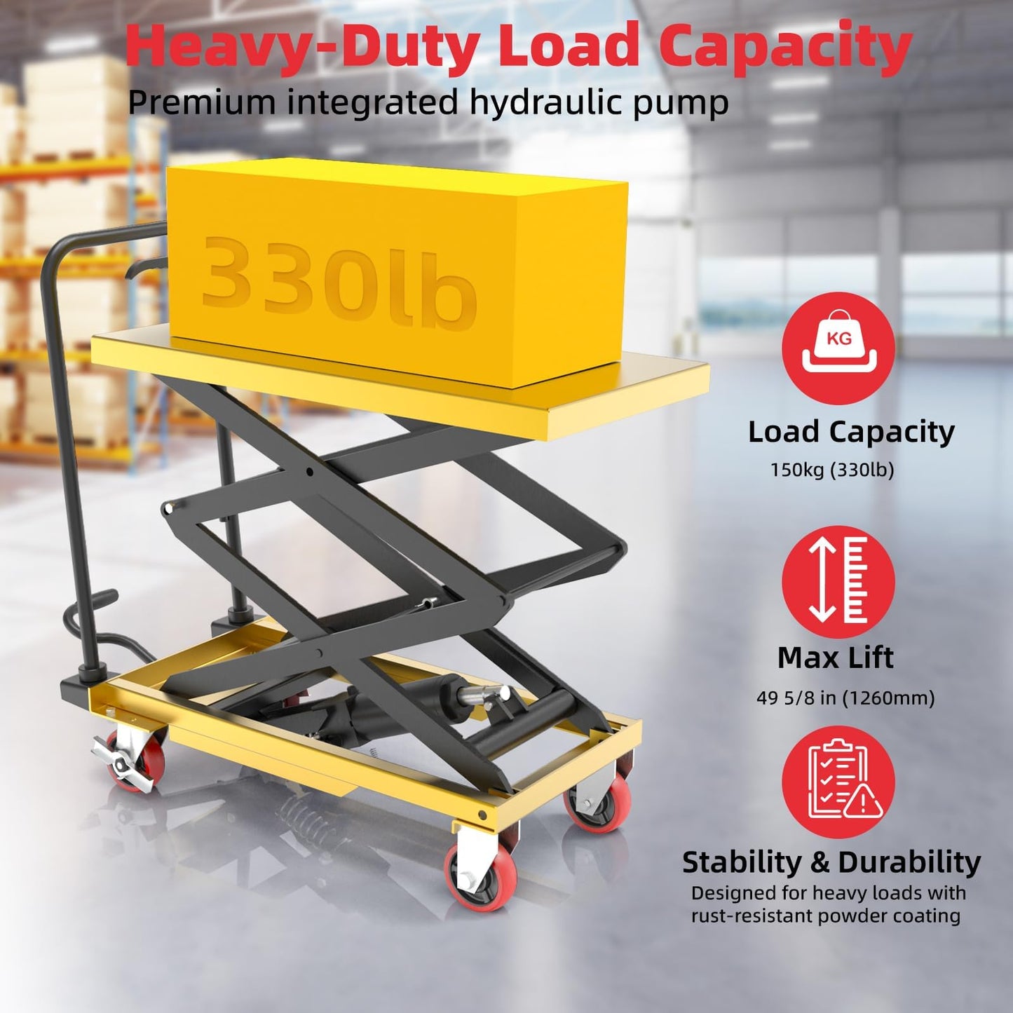 ZKH Hydraulic Lift Table Cart, 330lb Capacity Lift Cart, 49.6" Max Lifting Height, Single Scissors Lift Table with Locking Wheels and Overload Bar for Safe Operations