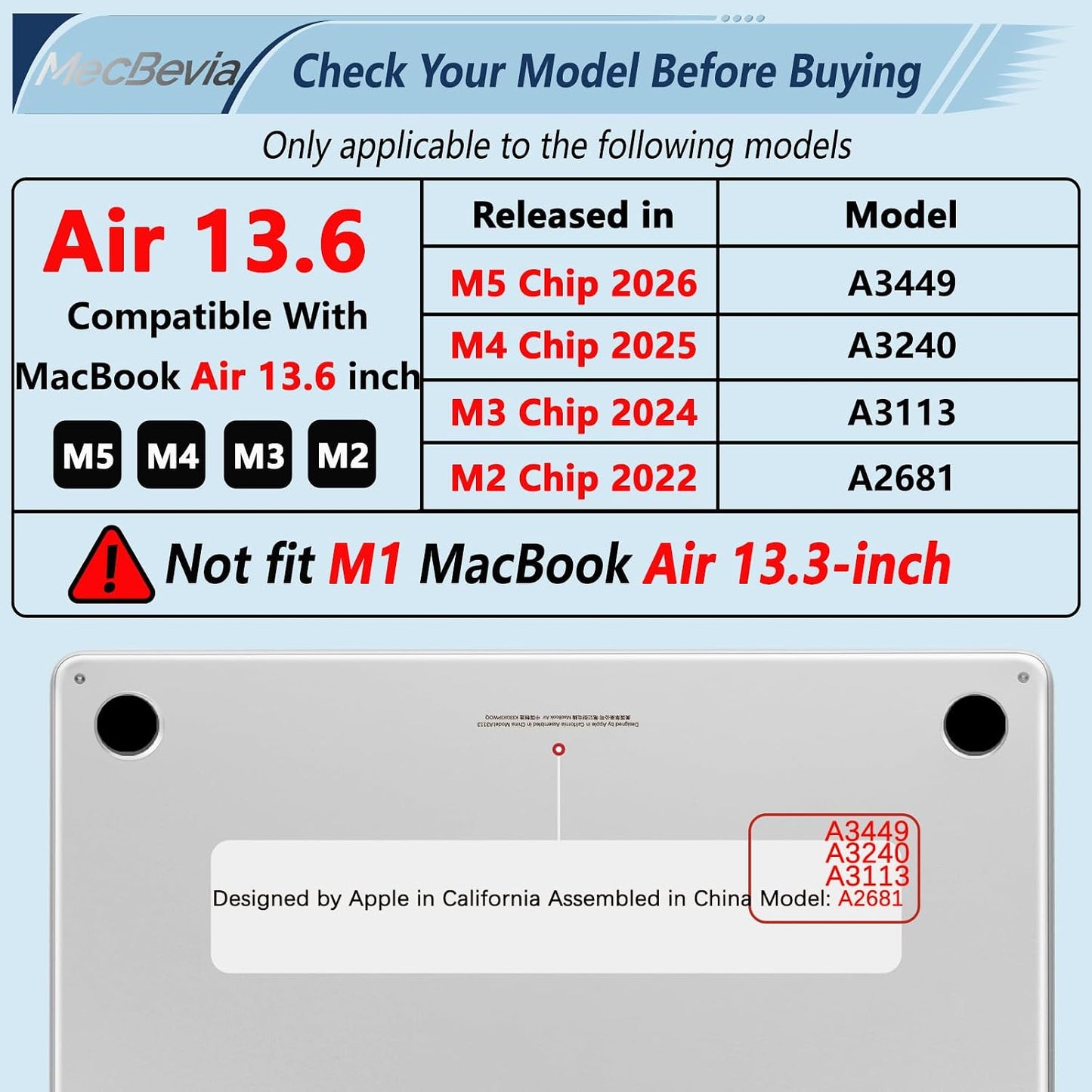 MecBevia 2026 M5 13 inch 2026 2025 2024-2022 M5 A3449 M4 A3240 M3 A3113 M2 A2681, Compatible with MacBook Air Case