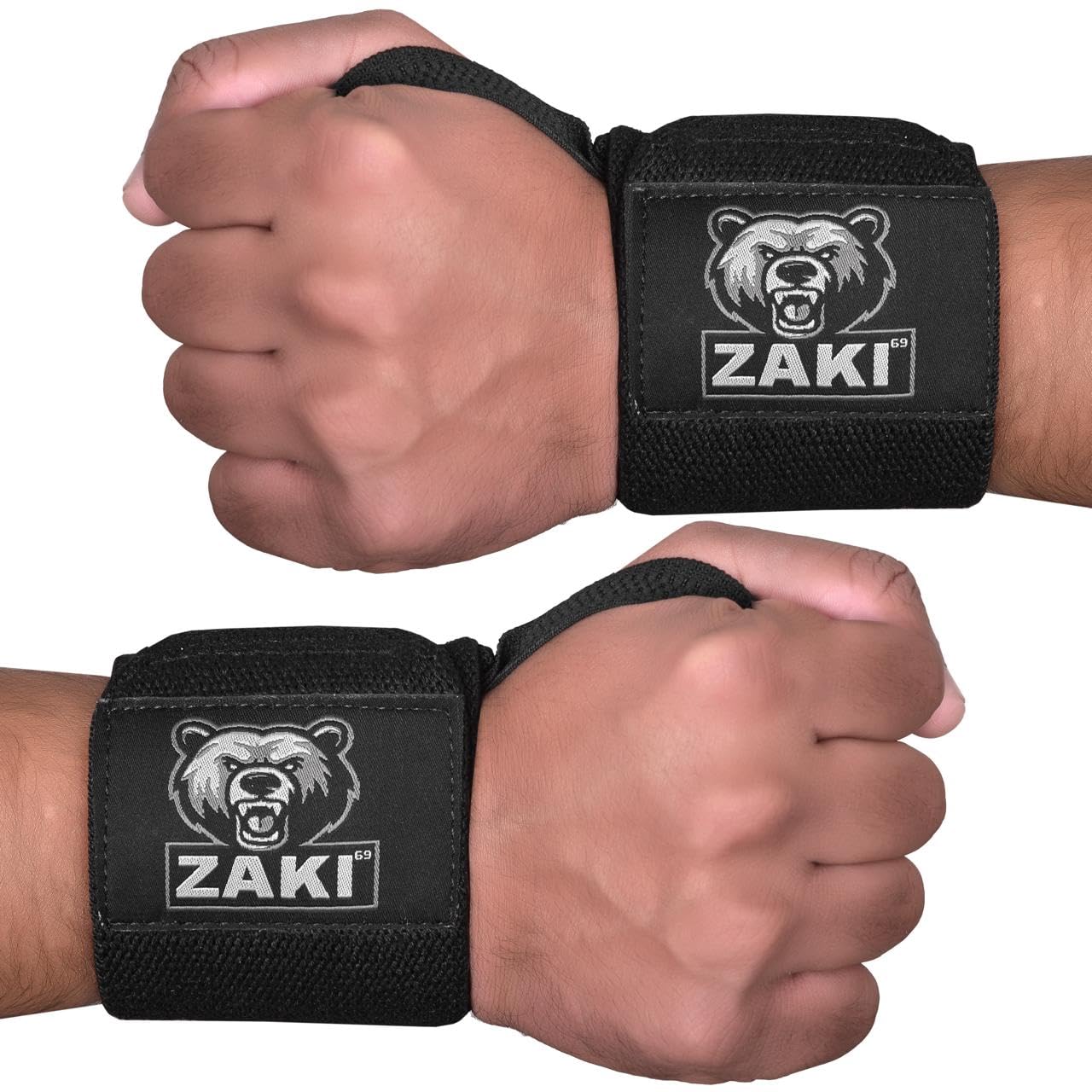 ZAKI 69 18 Inch Weightlifting Wrist Wraps with Thumb Loop, Adjustable Wrist Support Straps for Gym, Powerlifting, Bench Press, Strength Training, Black Pair