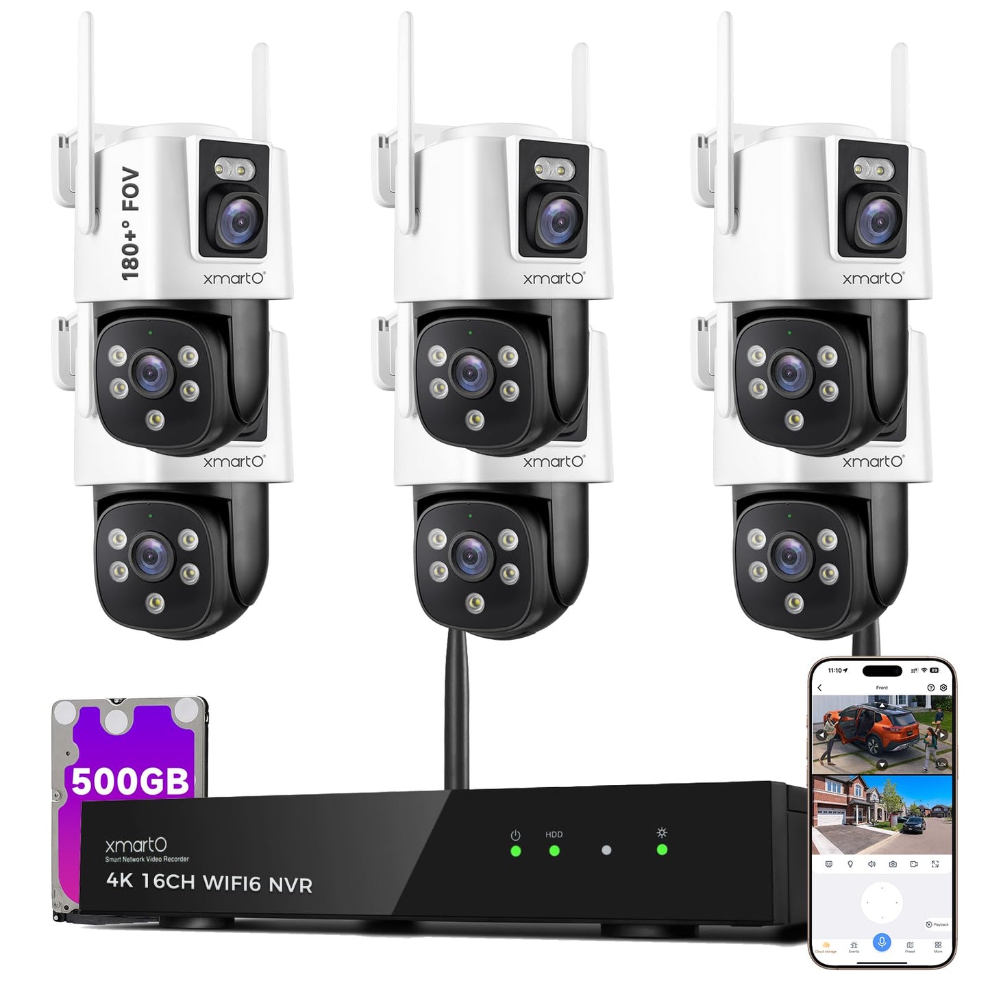 xmartO [6 Dual-Lens Camera Bundle 12-View Long Range WiFi6 Mesh Security System, 16CH 4K Dual Band NVR, 4MP 180°+Static FOV & 360°PTZ AI Tracking, 24/7 Plug-in Surveillance, 500GB HDD, No Monthly Fee