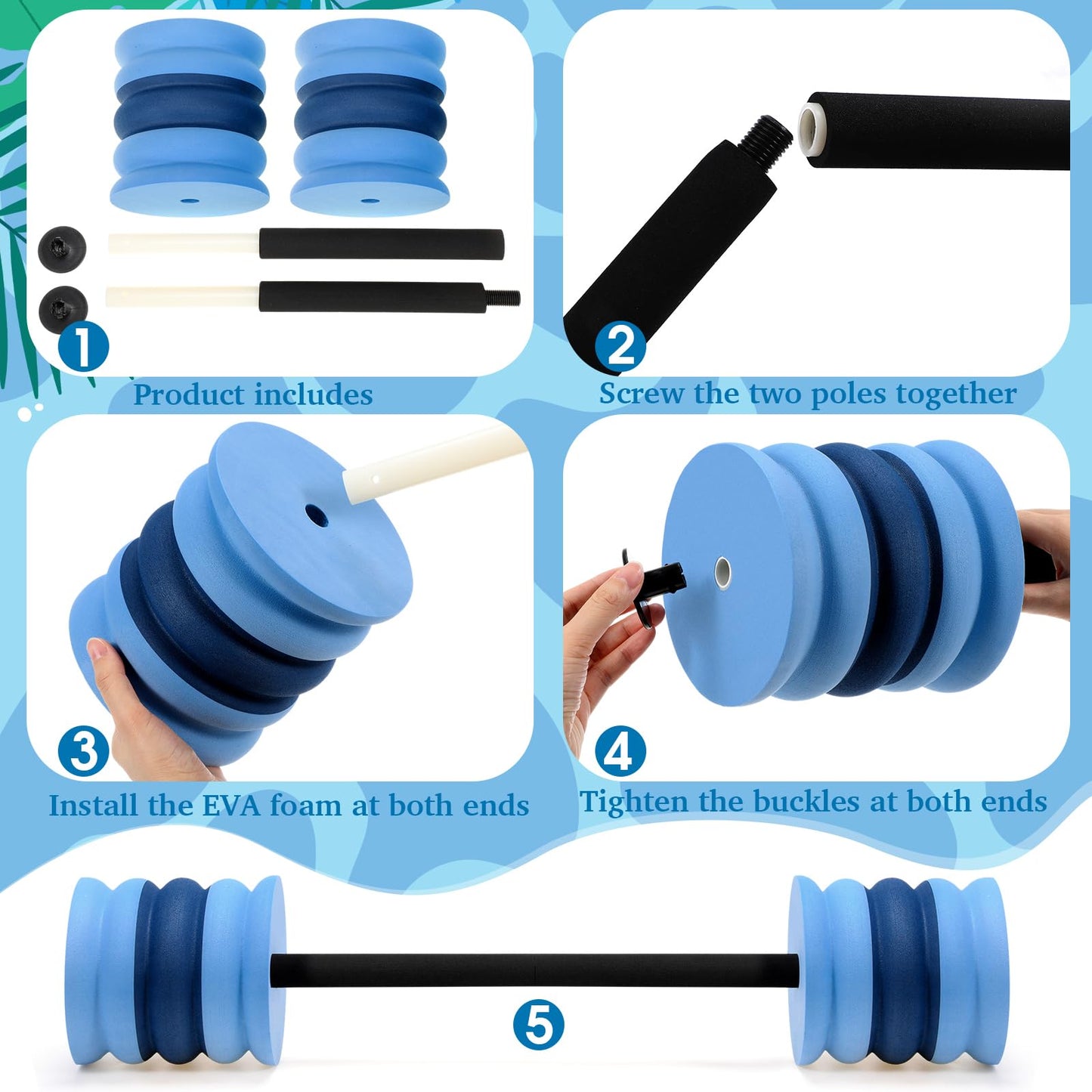 Soulchen Swim Barbells Set of 3, 25'' 29'' 33'' EVA Foam Water Aerobic Weights Resistance Exercise Barbell Pool Barbell Waters Dumbbell for Pool Exercise Strength Training Workouts Loss(Blue Gray)