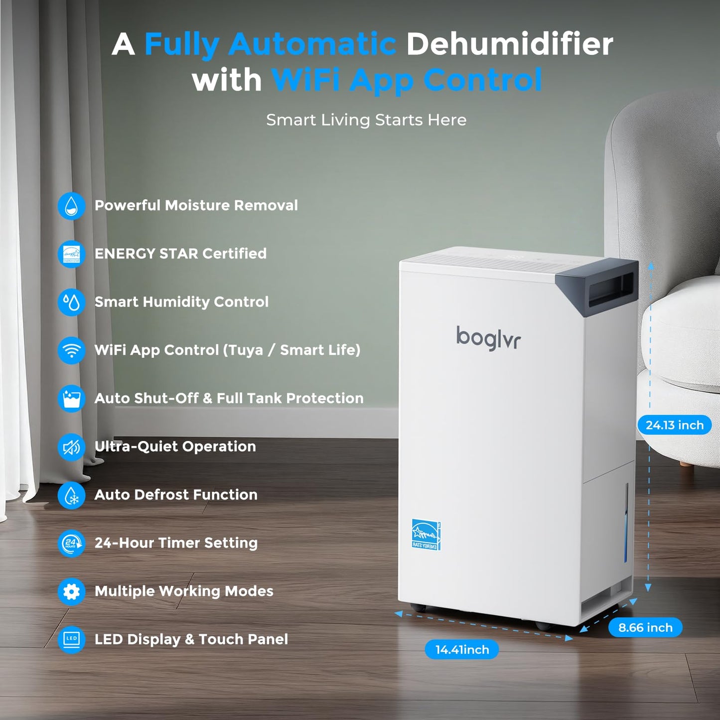 4500 Sq.Ft. Most Efficient Energy Star, Max 80 Pint/D (Standard 52Pint/D) Smart Compressor Dehumidifier with APP/WIFI, Intelligent Humidistat for Basement, Home, Bedroom, Bathroom, Garage(White)