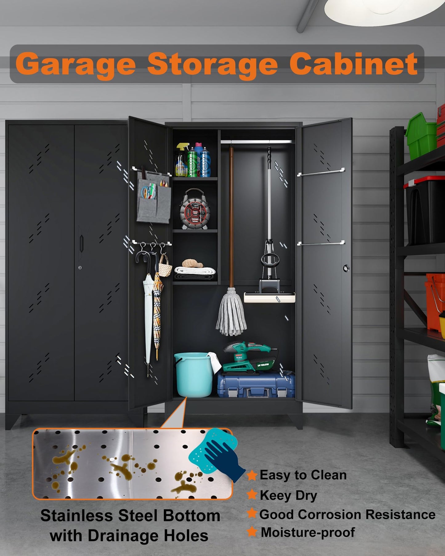 YILFANA 75" Metal Storage Cabinet with Lockable Doors, Functional Garage Storage Cabinets, Heavy-Duty Tool Organization Cabinet with Hanging Rod & S-Hooks (75" Utility Closet)