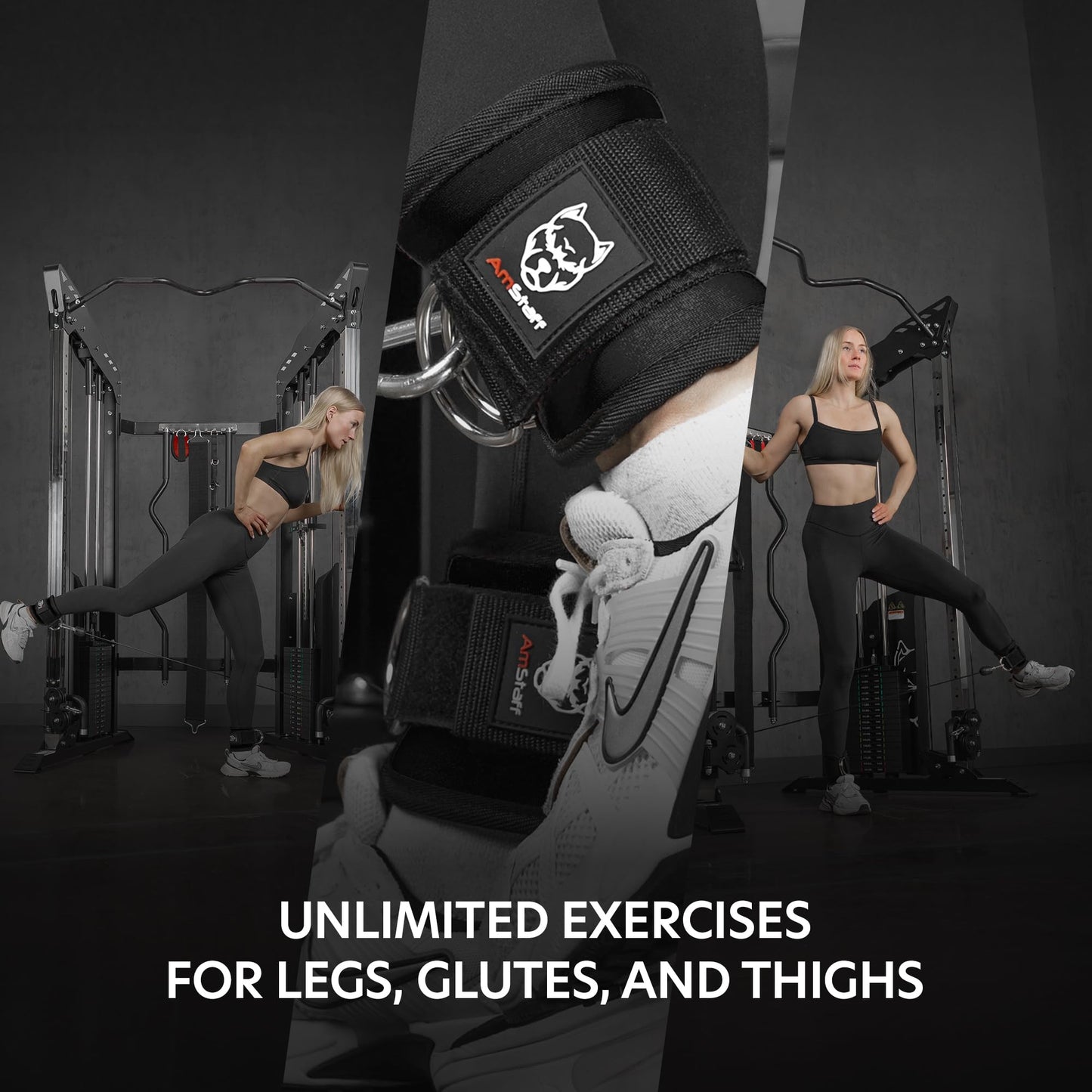 AmStaff Fitness Ankle Straps for Cable Machines – Padded Gym Ankle Cuffs for Glutes, Legs, and Booty Workouts – Adjustable Cable Attachments for Women & Men – One Size (Black)