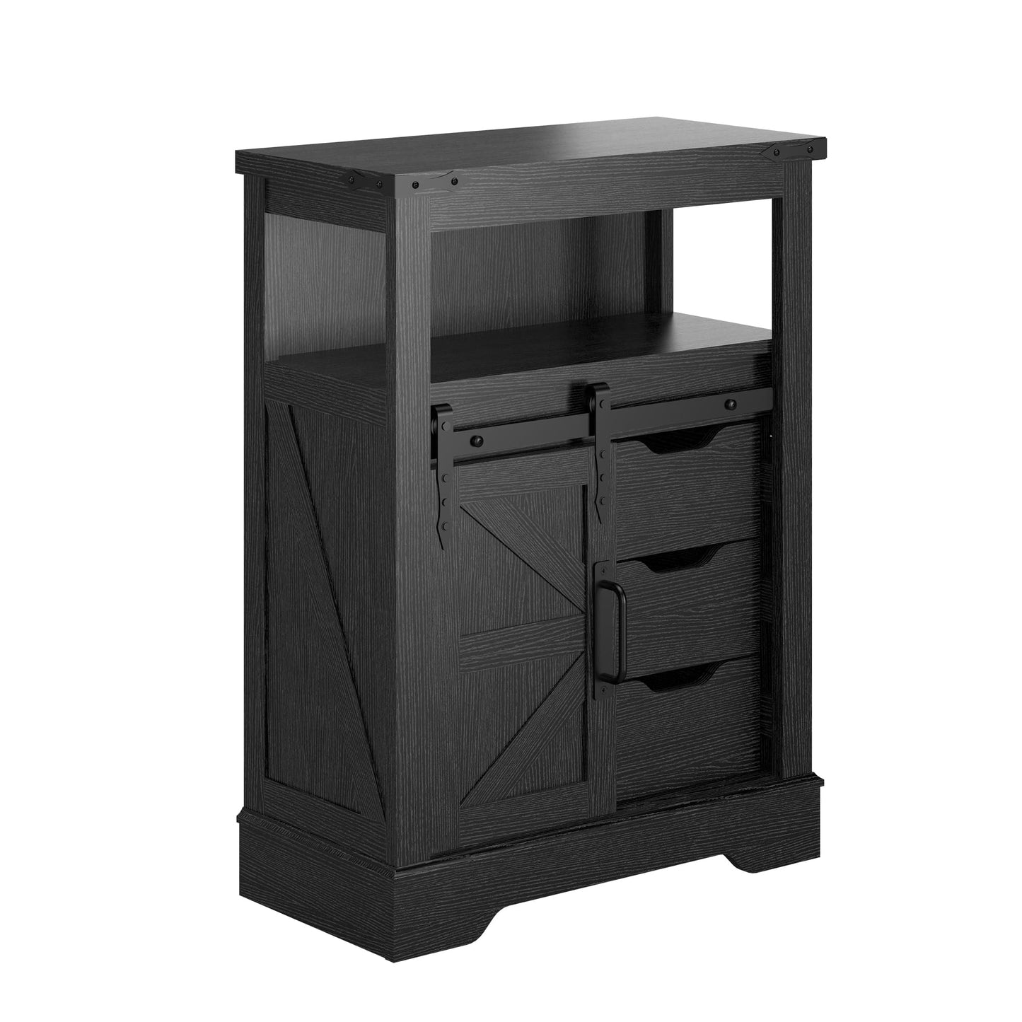 Panana Farmhouse Bathroom Floor Cabinet, Sliding Barn 3 Drawers & 1 Door Freestanding Small Storage Cabinet for Bathroom, Kitchen (Black)